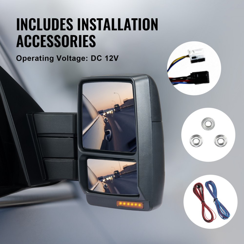 VEVOR Espejo Negro de Remolque Calefacción Eléctrica con Luz de Señal y Vidrio Plano y Convexo, 2 piezas, Control Manual Telescópico Plegable Descongelación de Calefacción para Ford F150 2004-2014