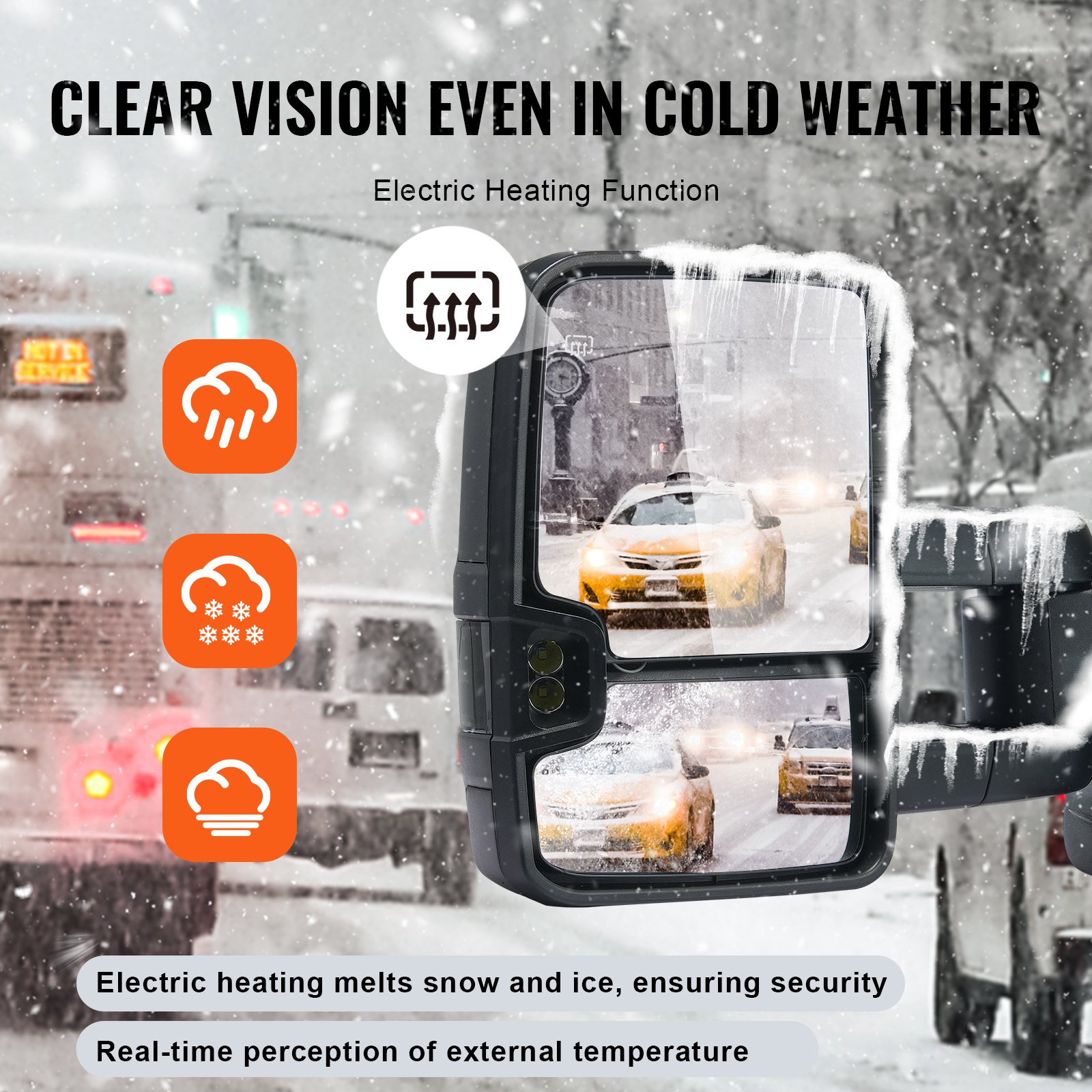 VEVOR tow-away mirrors, left and right pair set for Chevrolet Silverado (2007-2014)/GMC/Cadillac, electrically heated with flashing lights and LED driving lights, manually extendable folding system and defrost heating, black