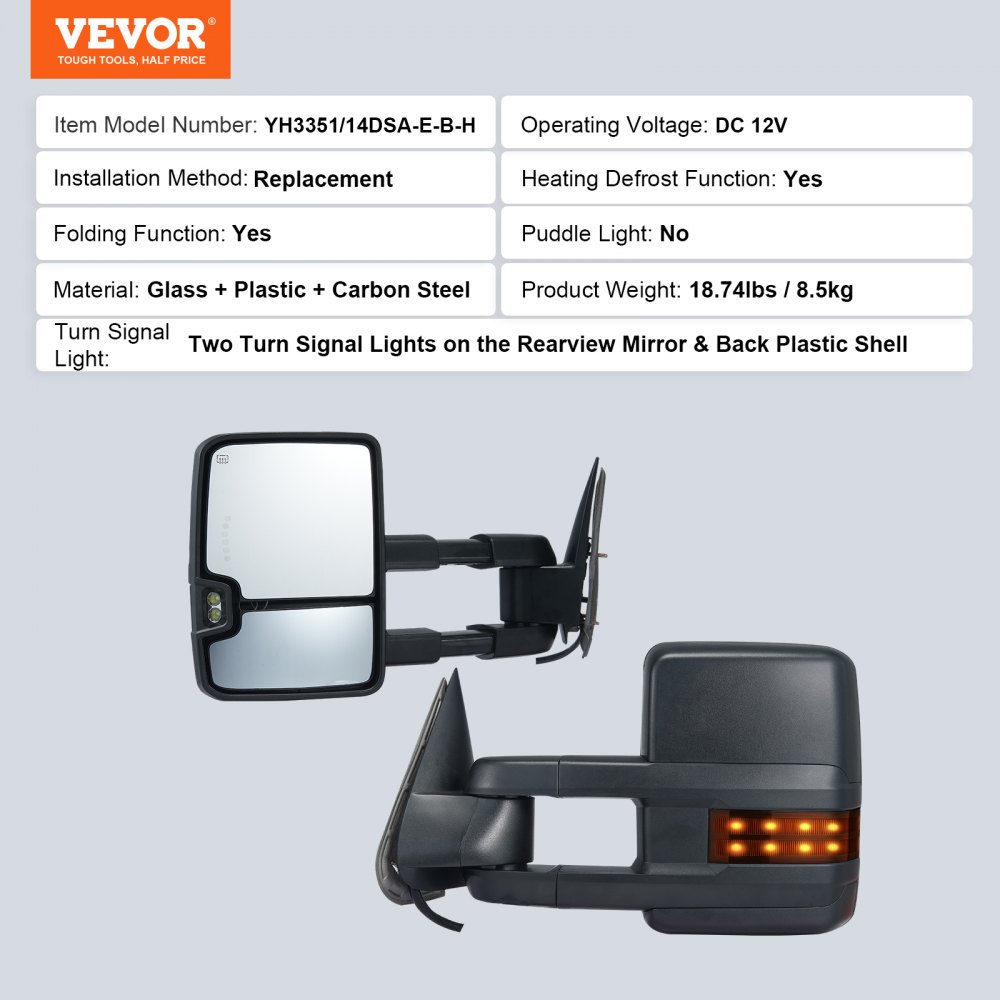 VEVOR Espejo Negro de Remolque de Calefacción Eléctrica con Luz de Señal y Conducción LED, Descongelación, 2 piezas, Control Manual Telescópico Plegable para Chevrolet Silverado (2014-2021), GMC
