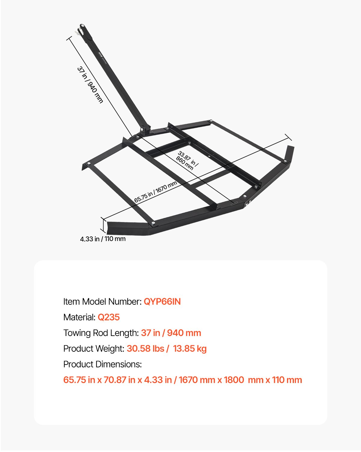 VEVOR Grada de Arrastre, Niveladora de Entrada de Acero Q235 con Barras Ajustables y Enganche de Pasador, Barra de Remolque de 940 mm Soporta hasta 22,7 kg Ideal para Tractores Todoterreno, UTV