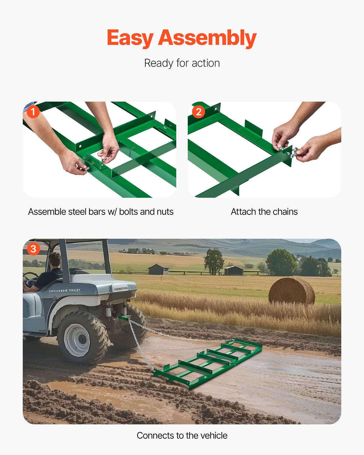 VEVOR trail harrow, 1830x500x100 mm, meadow harrow with adjustable bars and 183 cm chain, lawn tractor, field harrow for off-road vehicles, UTVs, tractors, lawn mowers, trailing tool for the farm