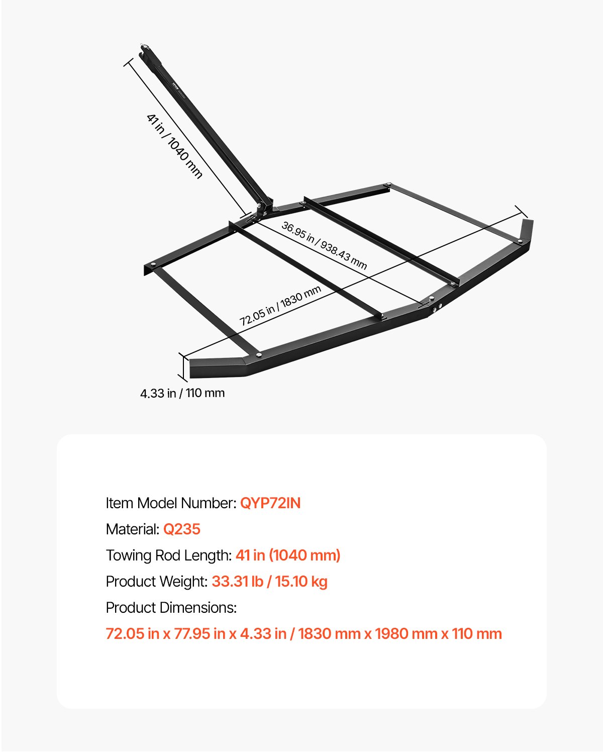 VEVOR trail harrow, 183x198x11 cm meadow harrow, Q235 steel driveway leveling device with bolt coupling, lawn tractor for driveways, all-terrain vehicles, UTVs, garden and lawn tractors