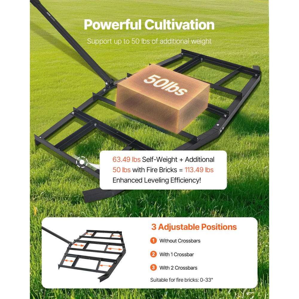 VEVOR trail harrow, 2150x2120x110mm, trailed meadow harrow, Q235 steel entrance leveling device with adjustable rods & bolt coupling, tractor entrance harrow for off-road vehicles, UTVs
