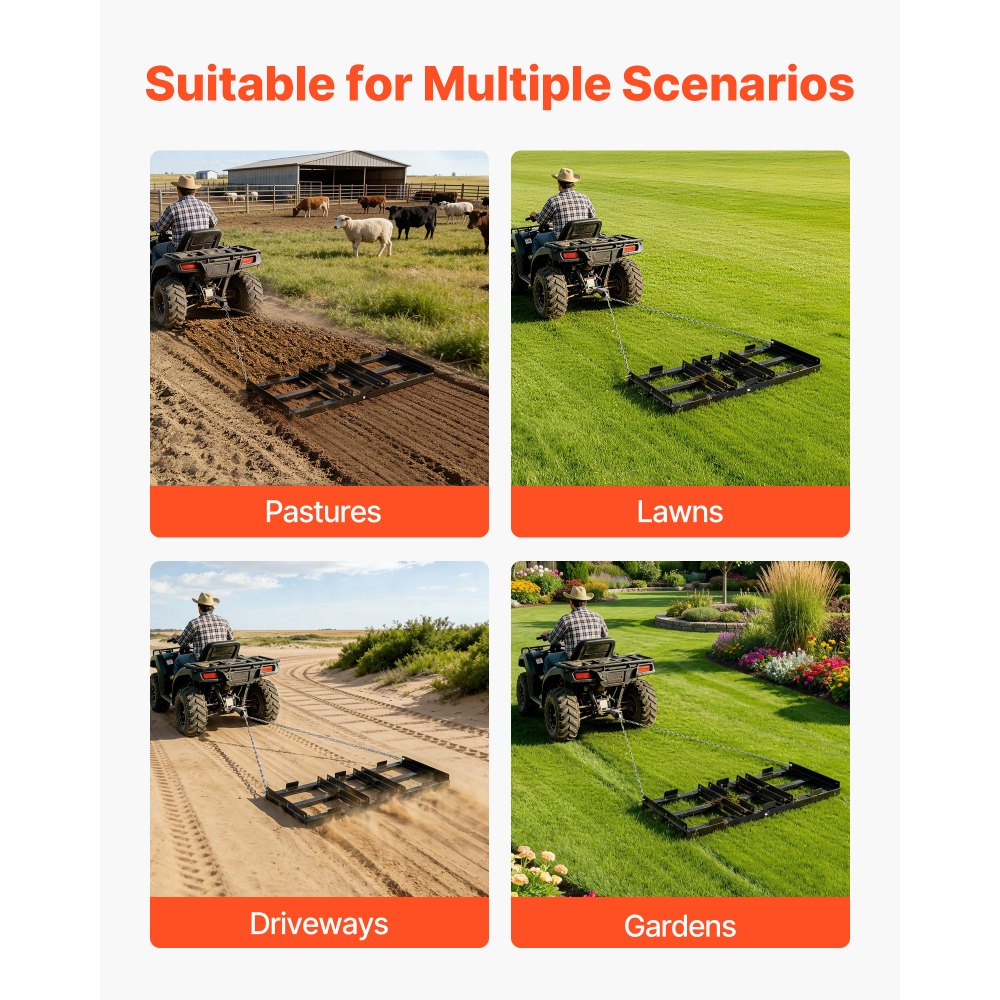VEVOR Rastrillo Nivelador de Césped de Caminos de Entrada 122 x 50 cm, Cadena de 183 cm, Nivelador de Tierras Agrícolas de Acero, Herramienta de Nivelación para ATV, UTV, Tractor de Césped de Jardín