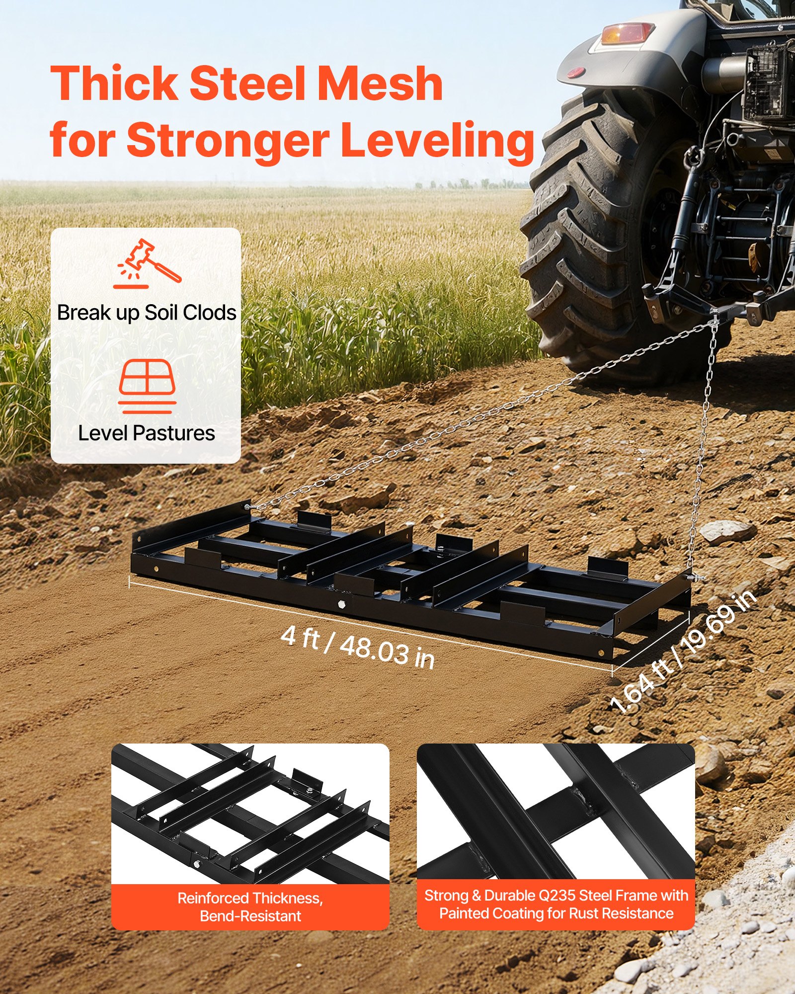 VEVOR Rastrillo Nivelador de Césped de Caminos de Entrada 122 x 50 cm, Cadena de 183 cm, Nivelador de Tierras Agrícolas de Acero, Herramienta de Nivelación para ATV, UTV, Tractor de Césped de Jardín