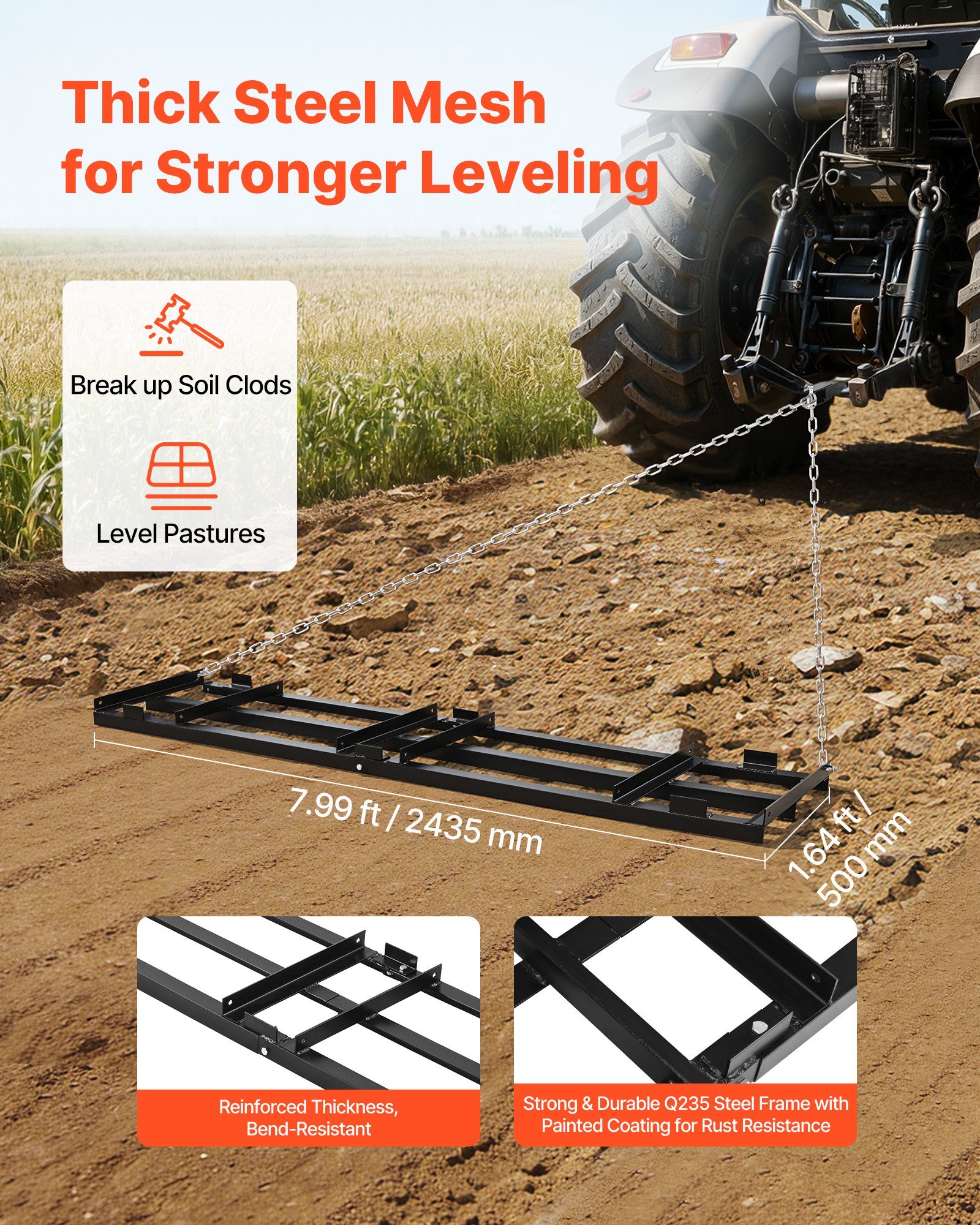 VEVOR Rastrillo Nivelador de Césped de Caminos de Entrada 243,5x50 cm, Cadena de 183cm, Nivelador de Tierras Agrícolas de Acero, Herramienta de Nivelación para ATV, UTV, Tractor de Césped de Jardín