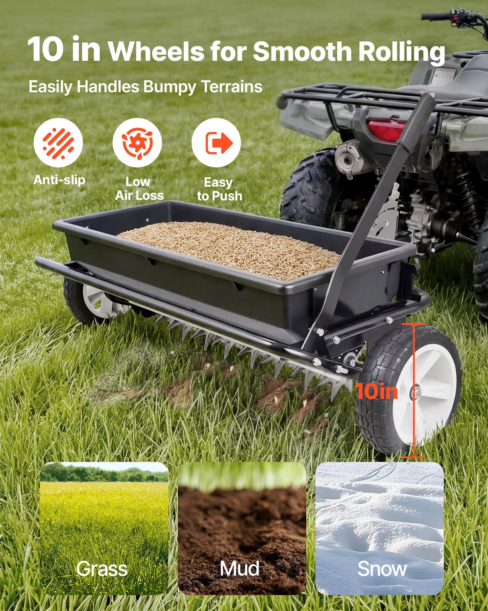 VEVOR Aireador de Césped con Esparcidor, Ancho de Esparcimiento de 81 cm, Carro Esparcidor con Púas Escarificadoras, Capacidad de Carga 45 kg, Remolcable para Tractores ATVs UTVs, para Jardín Césped