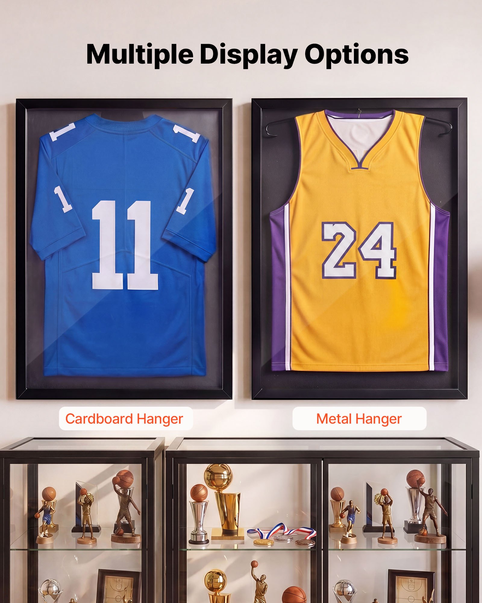 VEVOR Marco de Camisetas de Madera 60 x 80 x 2,5 cm, Vitrina para Camisetas Deportivas con Panel de Policarbonato con Protección UV, Expositor para Uniformes de Baloncesto, Fútbol, Béisbol, Negro