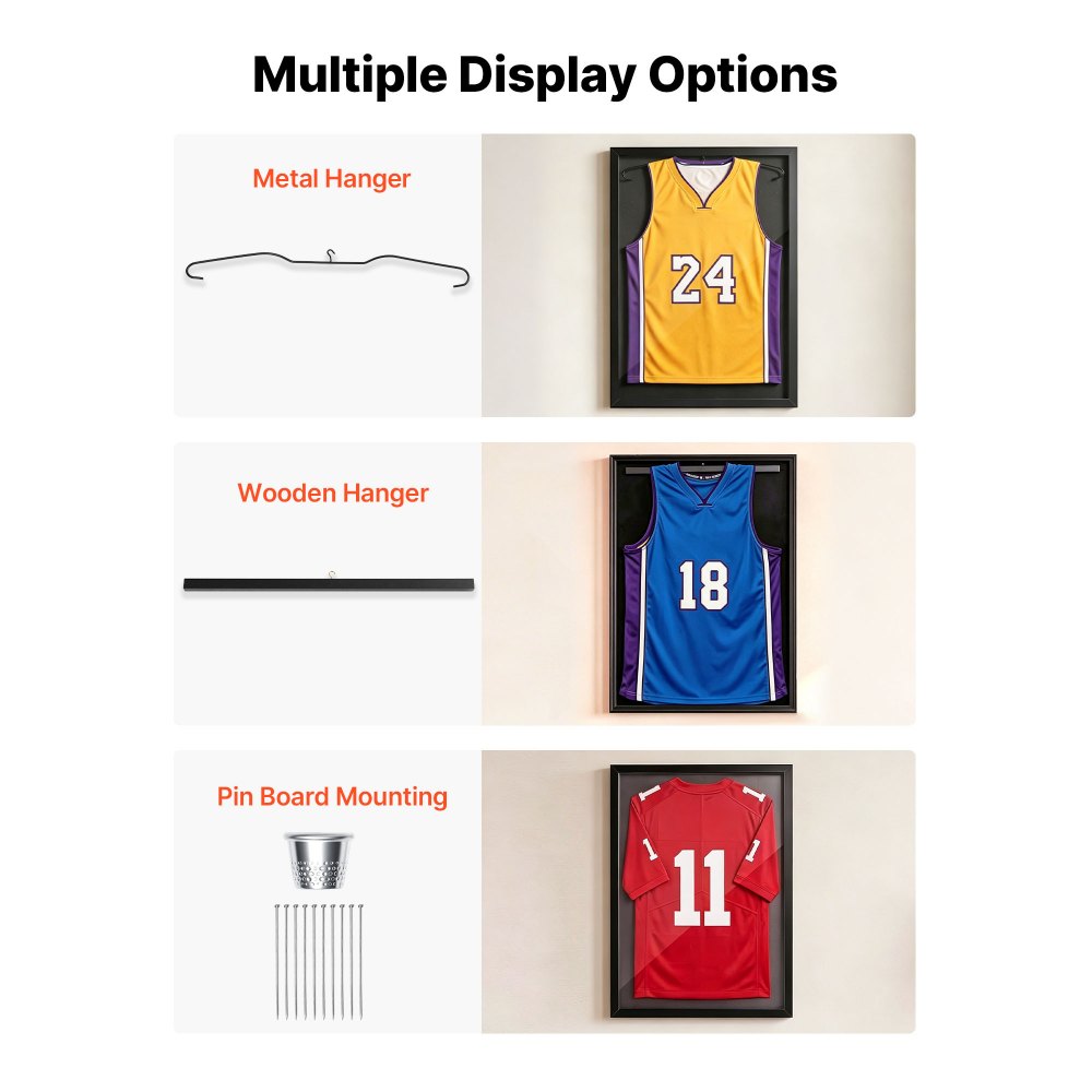 VEVOR Marco de Camisetas de Madera 70 x 90 x 4 cm, Vitrina para Camisetas Deportivas con Panel de Policarbonato con Protección UV, Expositor para Uniformes de Baloncesto, Fútbol, Béisbol, Negro