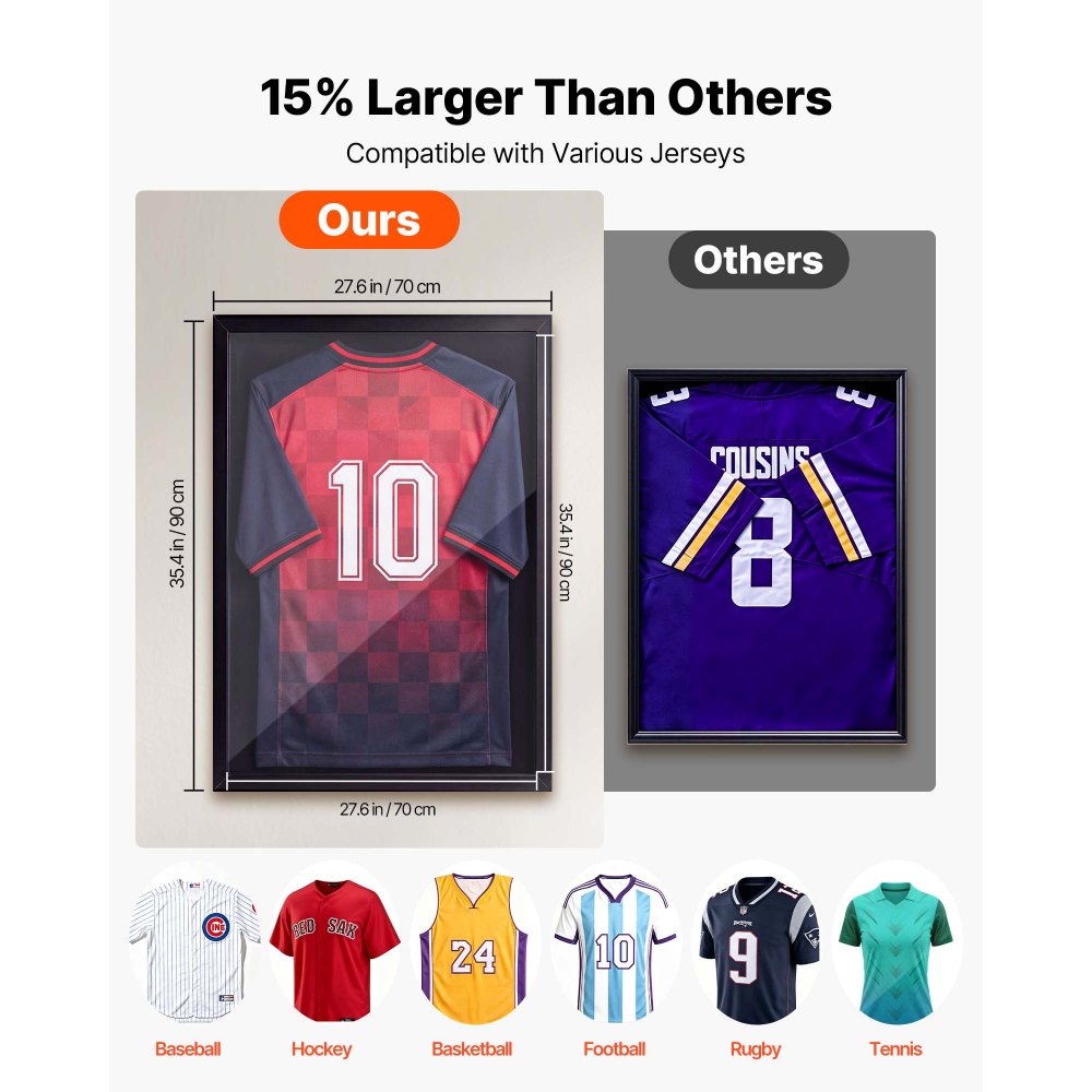 VEVOR Marco de Camisetas de Madera 70 x 90 x 4 cm, Vitrina para Camisetas Deportivas con Panel de Policarbonato con Protección UV, Expositor para Uniformes de Baloncesto, Fútbol, Béisbol, Negro