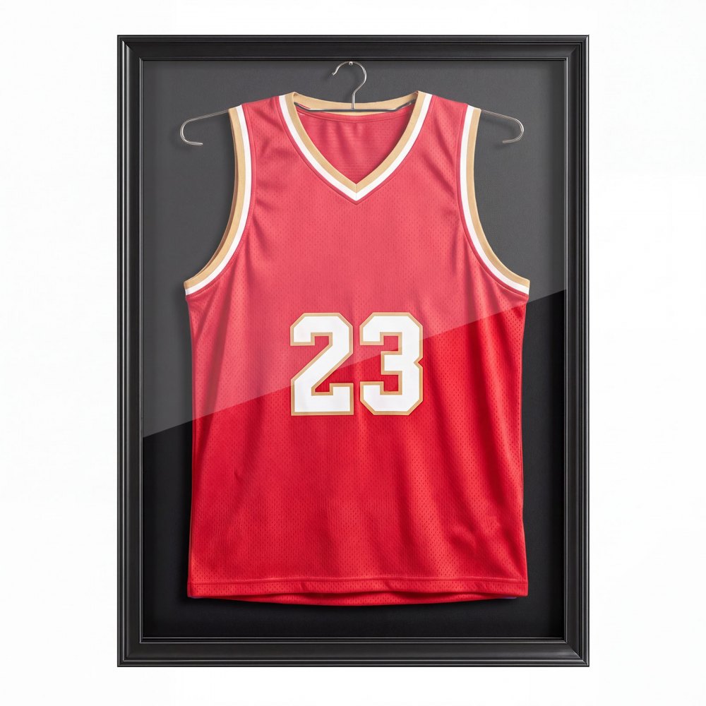 VEVOR Marco de Camisetas de Madera 70 x 90 x 4 cm, Vitrina para Camisetas Deportivas con Panel de Policarbonato con Protección UV, Expositor para Uniformes de Baloncesto, Fútbol, Béisbol, Negro