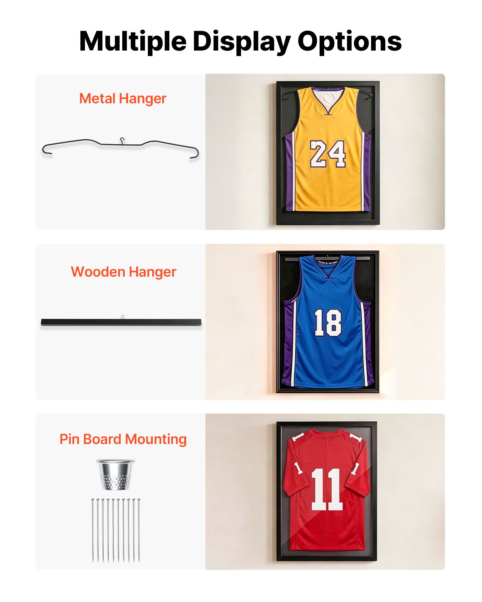 VEVOR Marco de Camisetas de Madera 70 x 90 x 4 cm, Vitrina para Camisetas Deportivas con Panel de Policarbonato con Protección UV, Expositor para Uniformes de Baloncesto, Fútbol, Béisbol, Negro