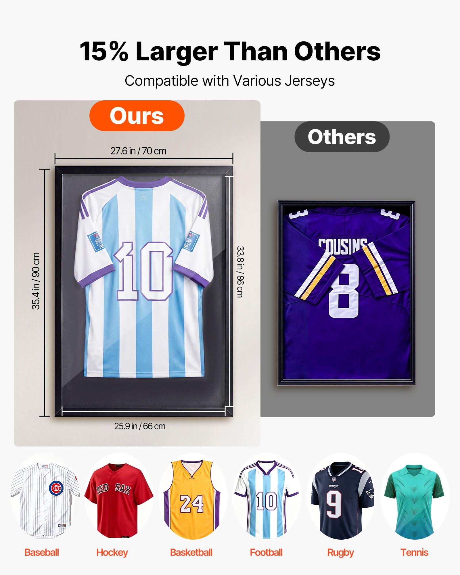 VEVOR Marco de Camisetas de Madera 70 x 90 x 3 cm, Vitrina para Camisetas Deportivas con Panel de Policarbonato con Protección UV, Expositor para Uniformes de Baloncesto, Fútbol, Béisbol, Negro