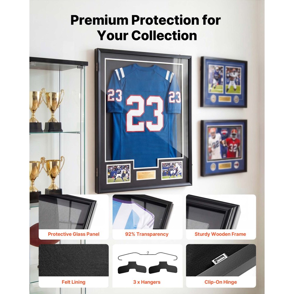 VEVOR Marco de Camisetas de Madera 71,8 x 92,5 x 4 cm, Vitrina para Camisetas Deportivas con Panel de Policarbonato con Protección UV, Expositor para Uniformes de Baloncesto, Fútbol, Béisbol, Negro