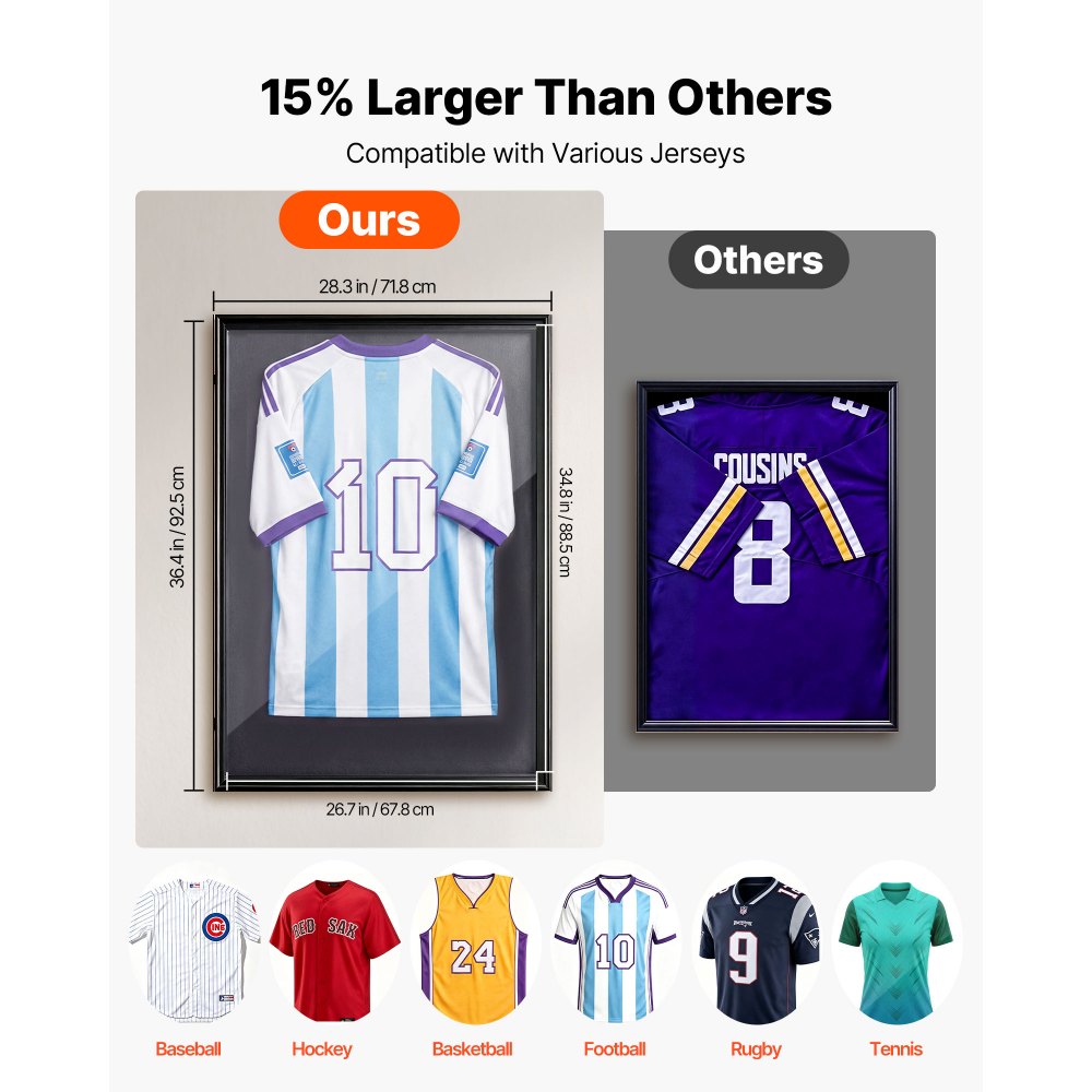 VEVOR Marco de Camisetas de Madera 71,8 x 92,5 x 4 cm, Vitrina para Camisetas Deportivas con Panel de Policarbonato con Protección UV, Expositor para Uniformes de Baloncesto, Fútbol, Béisbol, Negro