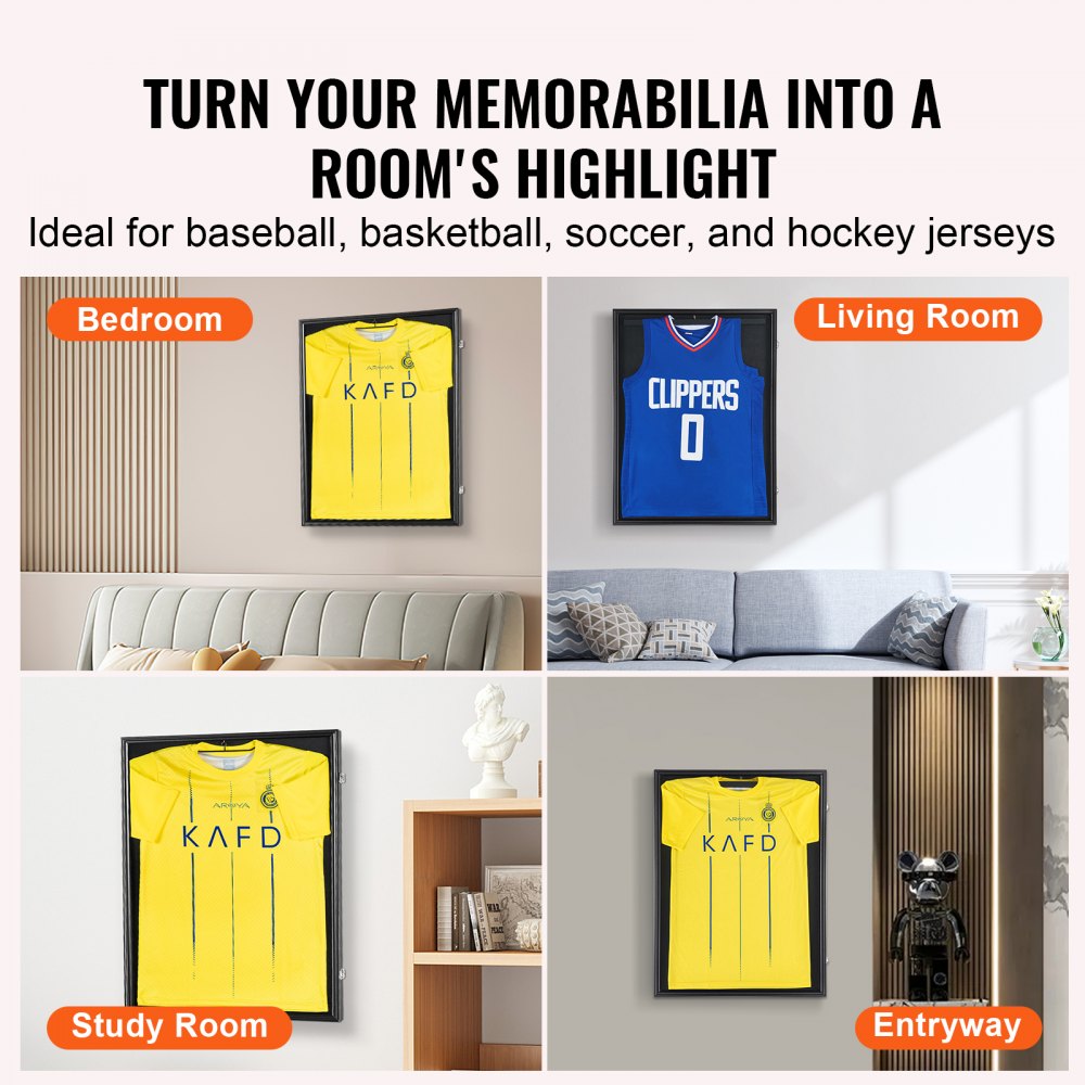 VEVOR Marco de Exhibición Jersey 610 x 812 x 40 mm, Vitrina Negra de Camiseta Deportiva con Cerradura 98% de Protección UV Vidrio de PC y Perchas, para Camisetas de Béisbol, Baloncesto, Fútbol y Más