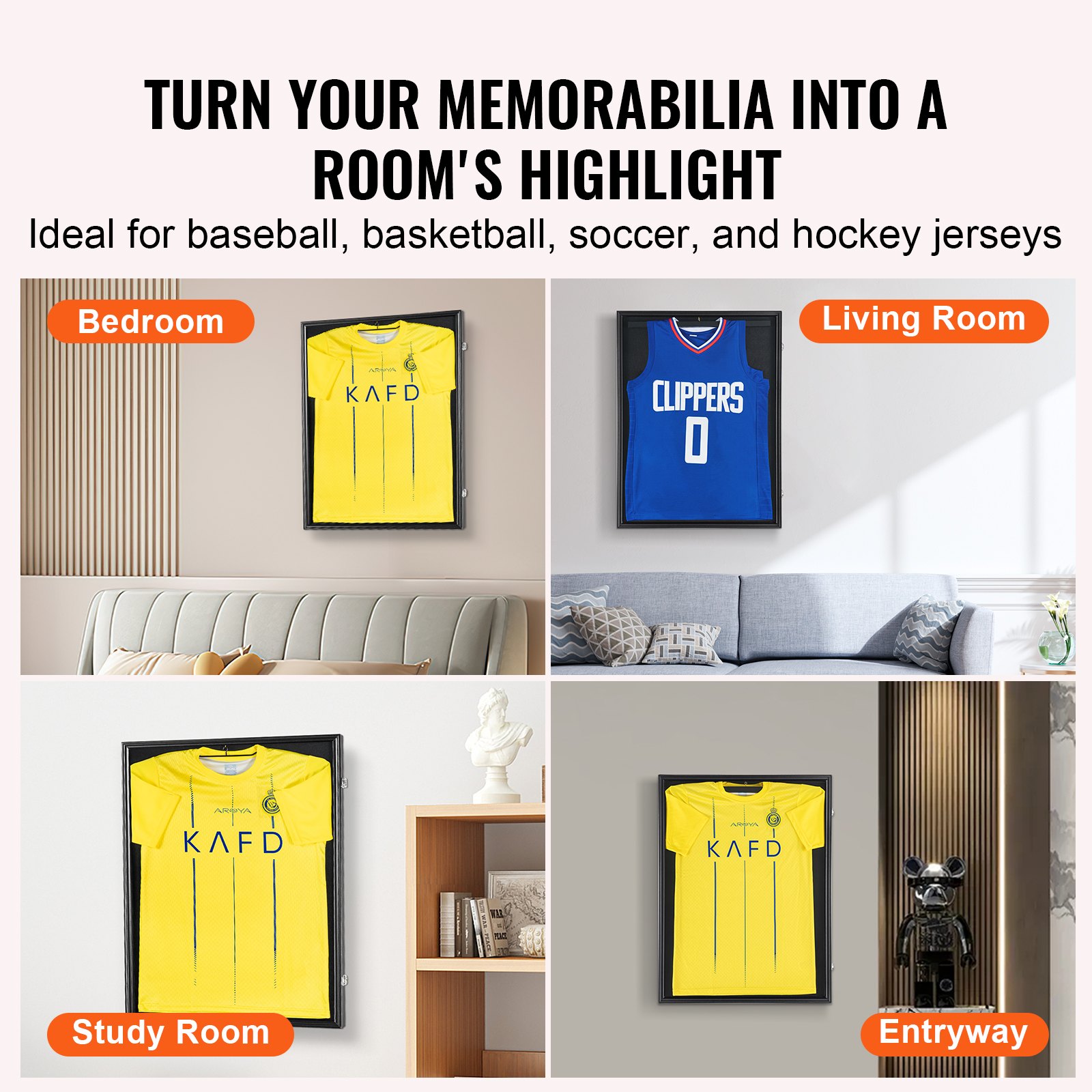 VEVOR Marco de Exhibición Jersey 610 x 812 x 40 mm, Vitrina Negra de Camiseta Deportiva con Cerradura 98% de Protección UV Vidrio de PC y Perchas, para Camisetas de Béisbol, Baloncesto, Fútbol y Más