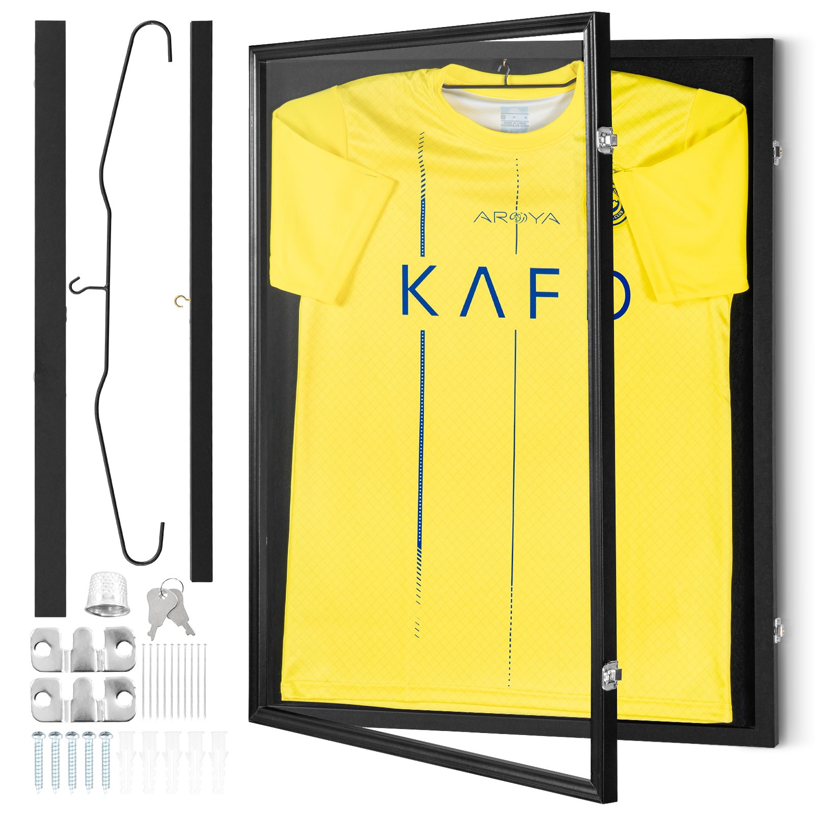 VEVOR Marco de Exhibición Jersey 610 x 812 x 40 mm, Vitrina Negra de Camiseta Deportiva con Cerradura 98% de Protección UV Vidrio de PC y Perchas, para Camisetas de Béisbol, Baloncesto, Fútbol y Más
