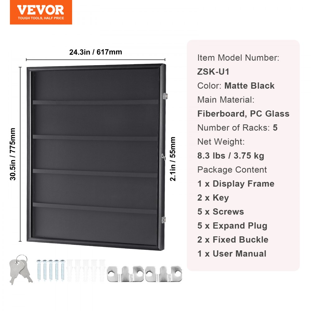 VEVOR Vitrina para 35 Tarjetas Deportivas con 98% de Protección UV, 617 x 775 x 55 mm, Vidrio de PC Transparente y Gabinete de Pared con Cerradura para Tarjetas Comerciales de Fútbol, ​​Baloncesto