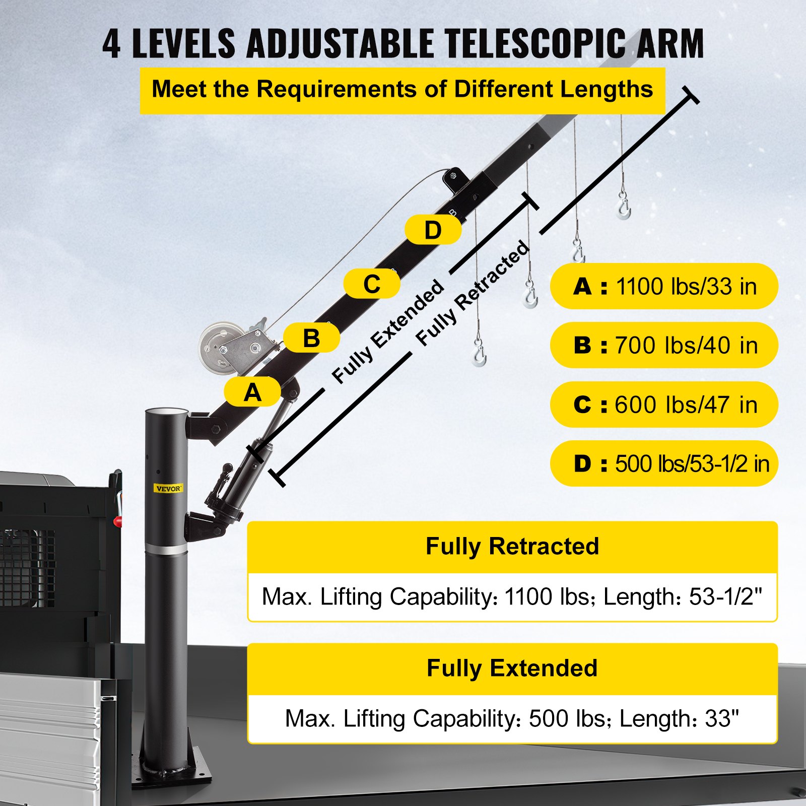 VEVOR Grúa con Cabrestante 1000 lbs / 454 kg Grúa con Cable y Torno Diseño Giratorio de 360 ° Grúa de Taller con Brazo Telescópico Ajustable de 4 Posiciones Cable 5 m para Pickup, Remolque o Taller