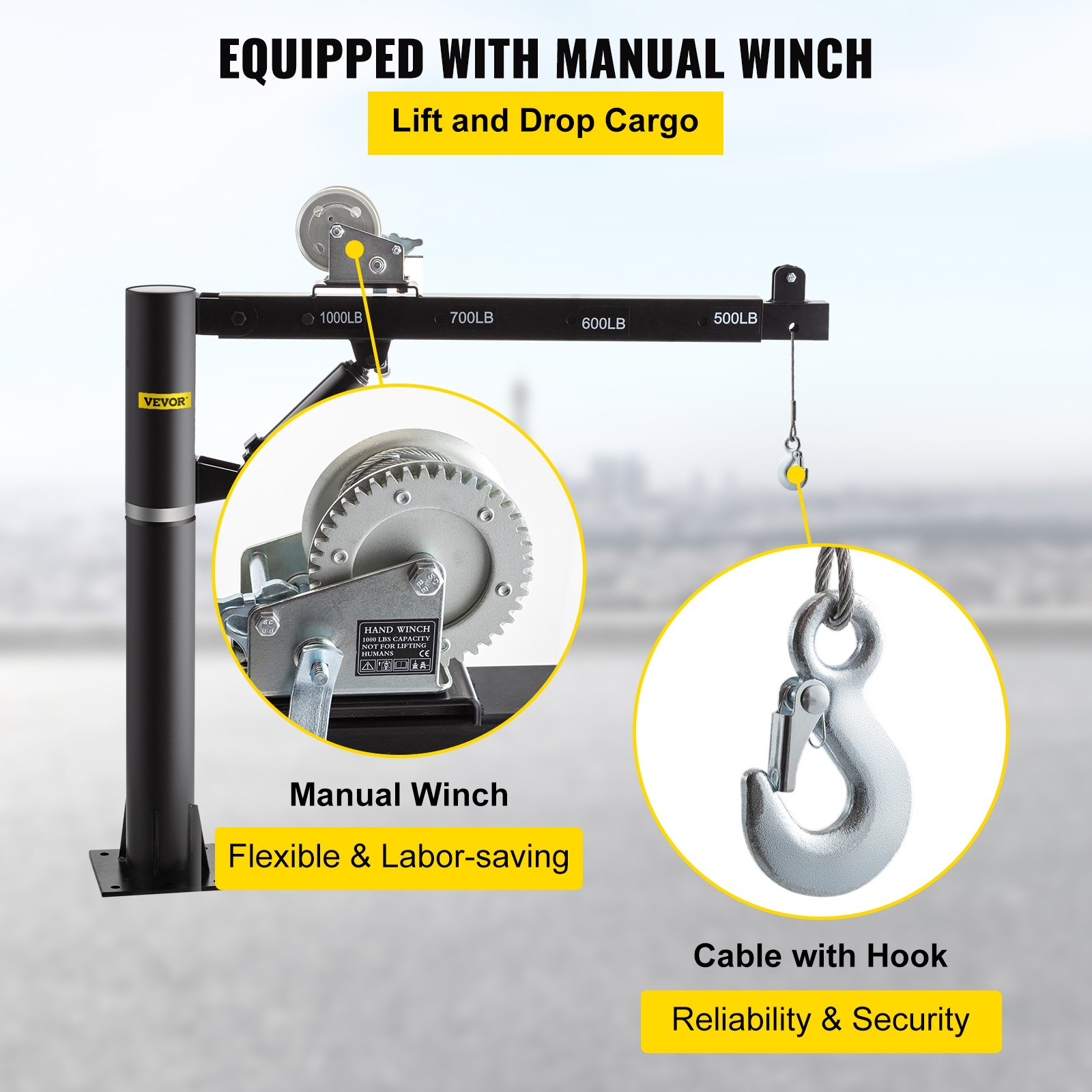 VEVOR Grúa con Cabrestante 1000 lbs / 454 kg Grúa con Cable y Torno Diseño Giratorio de 360 ° Grúa de Taller con Brazo Telescópico Ajustable de 4 Posiciones Cable 5 m para Pickup, Remolque o Taller