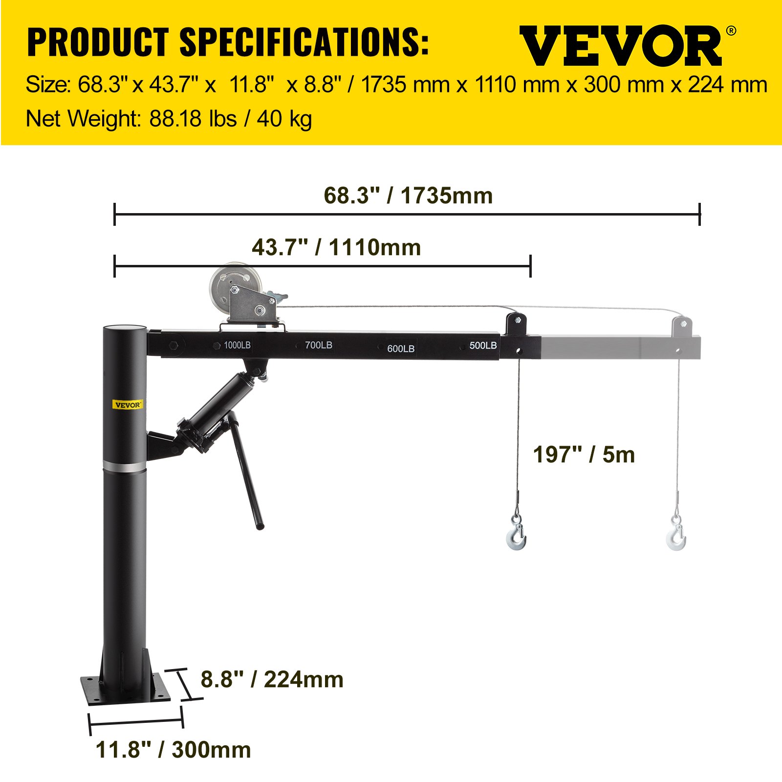 VEVOR Grúa con Cabrestante 1000 lbs / 454 kg Grúa con Cable y Torno Diseño Giratorio de 360 ° Grúa de Taller con Brazo Telescópico Ajustable de 4 Posiciones Cable 5 m para Pickup, Remolque o Taller