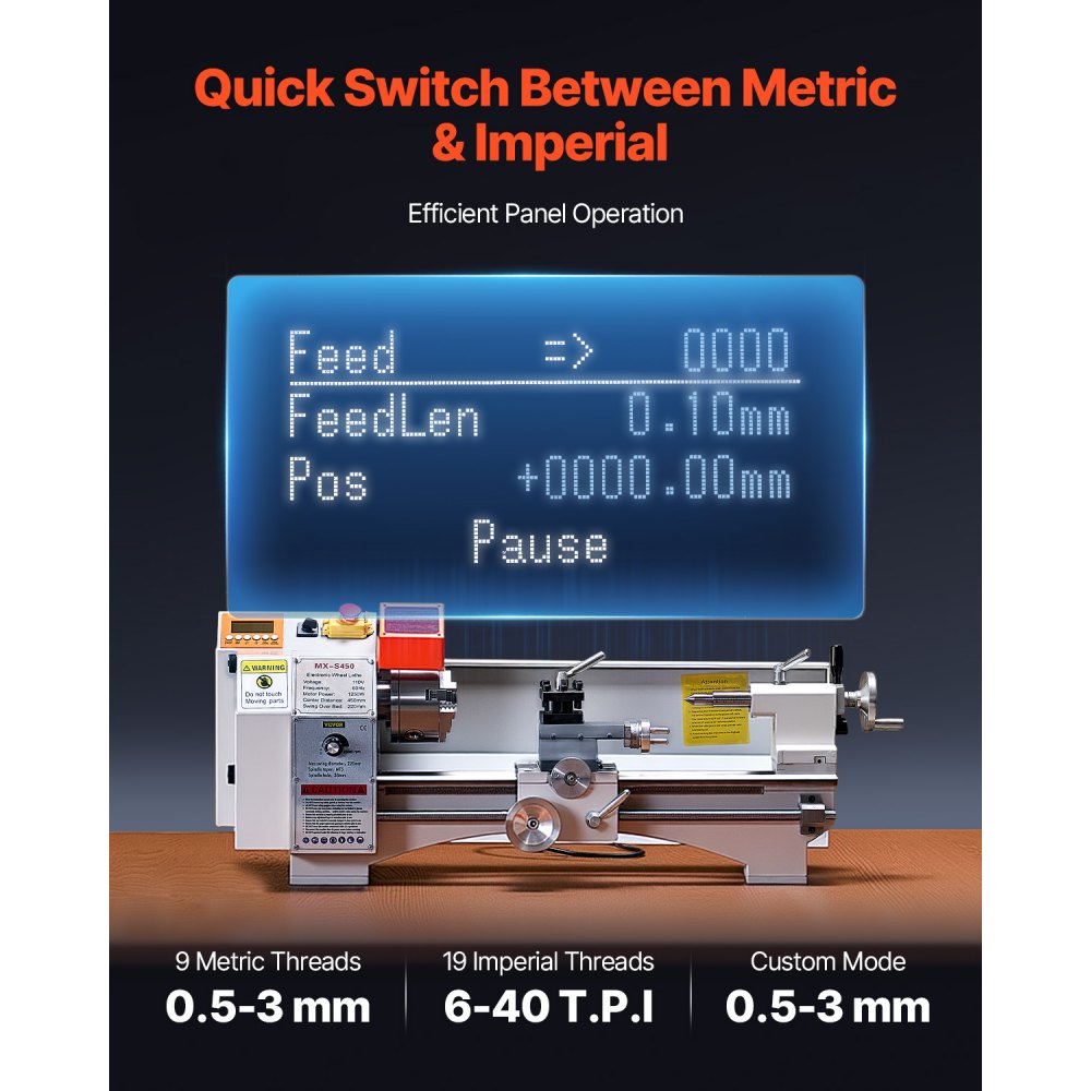 VEVOR Torno de Metal, 220 x 450 mm Velocidad Variable 2500 RPM, 1250 W Torno de Banco con Alimentación Automática, Sistema de Roscado Electrónico, para Mecanizar Metales Blandos, Acrílico, Plástico