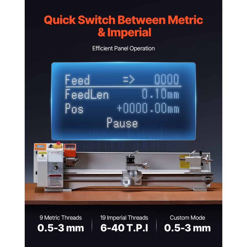 VEVOR Torno de Metal, 220 x 1000 mm Velocidad Variable 2500 RPM, 1250 W Torno de Banco con Alimentación Automática, Sistema de Roscado Electrónico, para Mecanizar Metales Blandos, Plástico