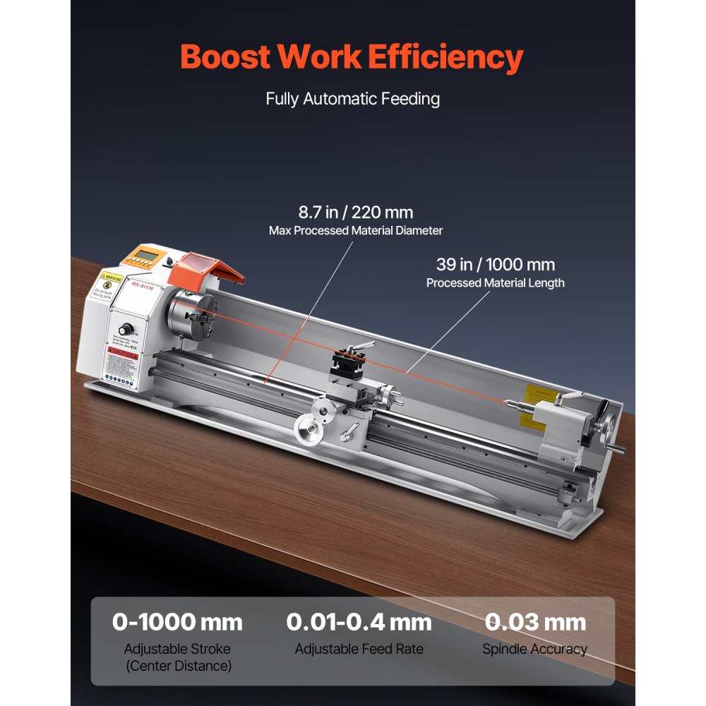 VEVOR Torno de Metal, 220 x 1000 mm Velocidad Variable 2500 RPM, 1250 W Torno de Banco con Alimentación Automática, Sistema de Roscado Electrónico, para Mecanizar Metales Blandos, Plástico
