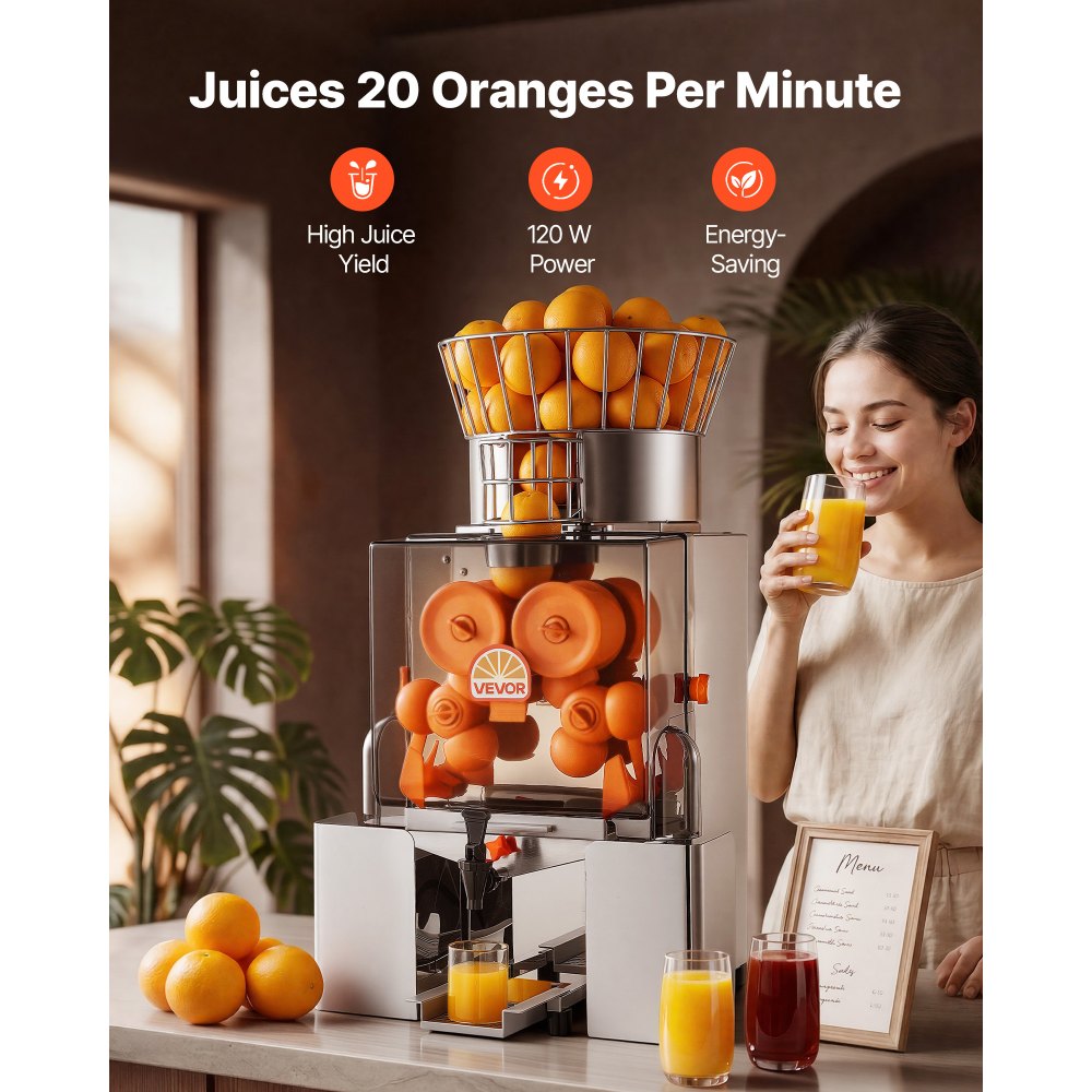 VEVOR Máquina Exprimidora Automática de Naranjas Comercial 120 W con Grifo, De Acero Inoxidable y PC, Con 2 Recipientes, Capacidad para Hasta 20 Naranjas por Minuto, Para Limones y Cítricos 55-80 mm
