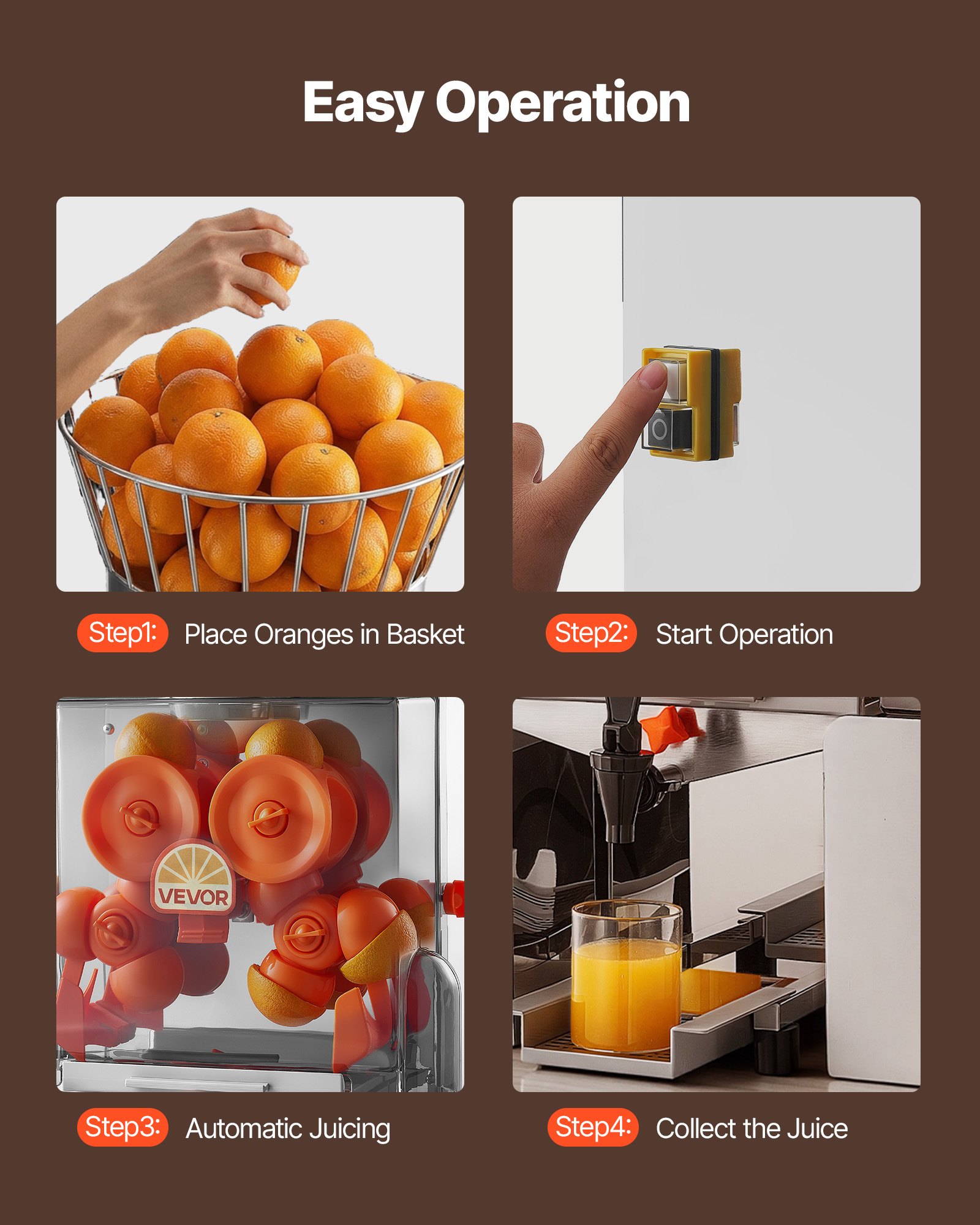VEVOR Máquina Exprimidora Automática de Naranjas Comercial 120 W con Grifo, De Acero Inoxidable y PC, Con 2 Recipientes, Capacidad para Hasta 20 Naranjas por Minuto, Para Limones y Cítricos 55-80 mm