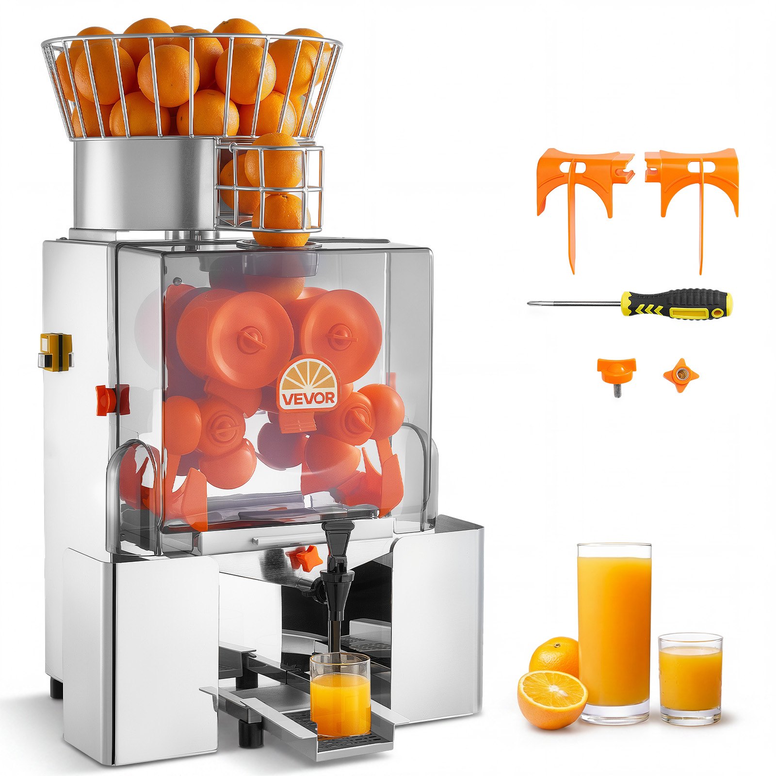 VEVOR Máquina Exprimidora Automática de Naranjas Comercial 120 W con Grifo, De Acero Inoxidable y PC, Con 2 Recipientes, Capacidad para Hasta 20 Naranjas por Minuto, Para Limones y Cítricos 55-80 mm