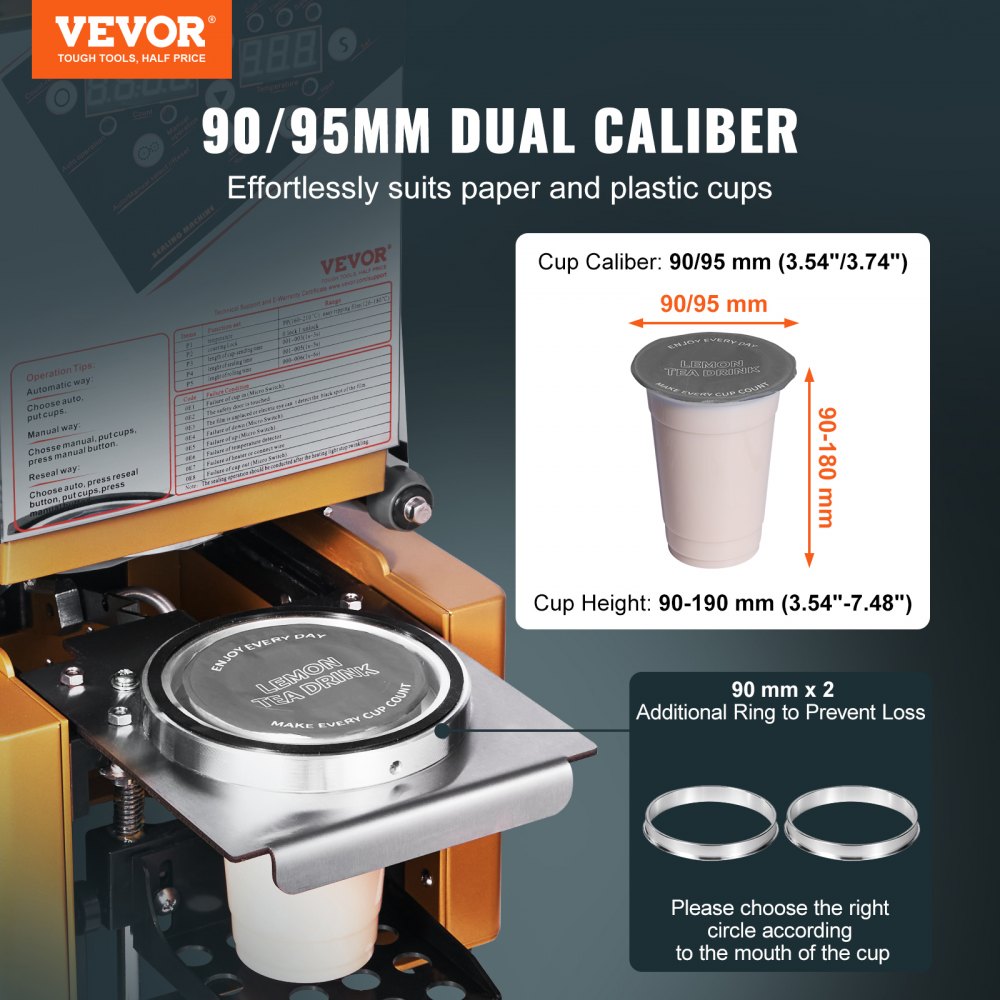 VEVOR Máquina Selladora de Tazas Totalmente Automática, 500-650 Tazas/H, Selladora de Té Eléctrica Boba 190mm Altura 90/95mm Panel LCD de Control Digital para Té con Leche de Burbujas, Café, Color Oro