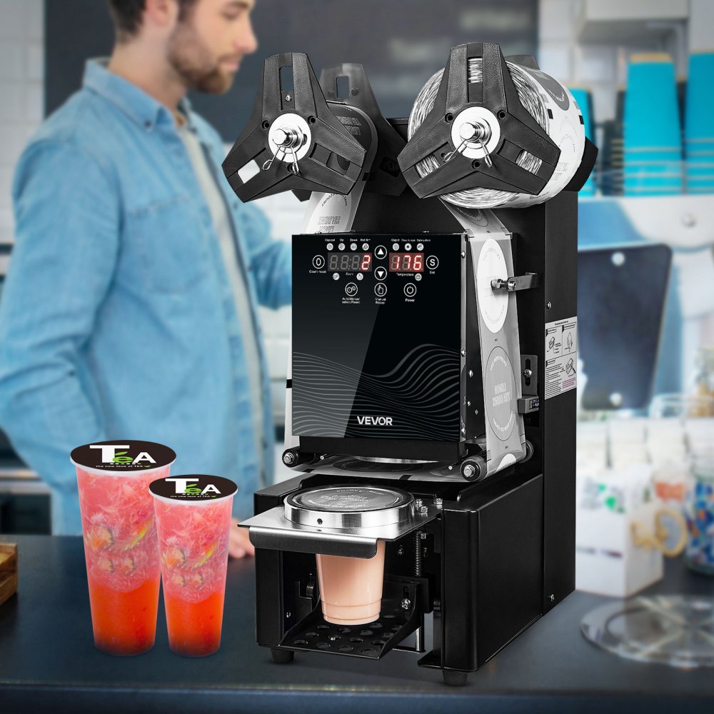 VEVOR Máquina Selladora de Vasos Automática 500-650 vasos/h, para Vasos de 190 mm de Alto y 90/95 mm de Ancho, Selladora de Vasos con Pantalla LCD de Control Digital para Café, Té con Leche, Negro