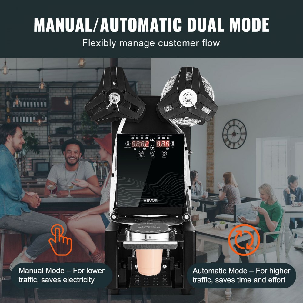 VEVOR Máquina Selladora de Vasos Automática 500-650 vasos/h, para Vasos de 190 mm de Alto y 90/95 mm de Ancho, Selladora de Vasos con Pantalla LCD de Control Digital para Café, Té con Leche, Negro