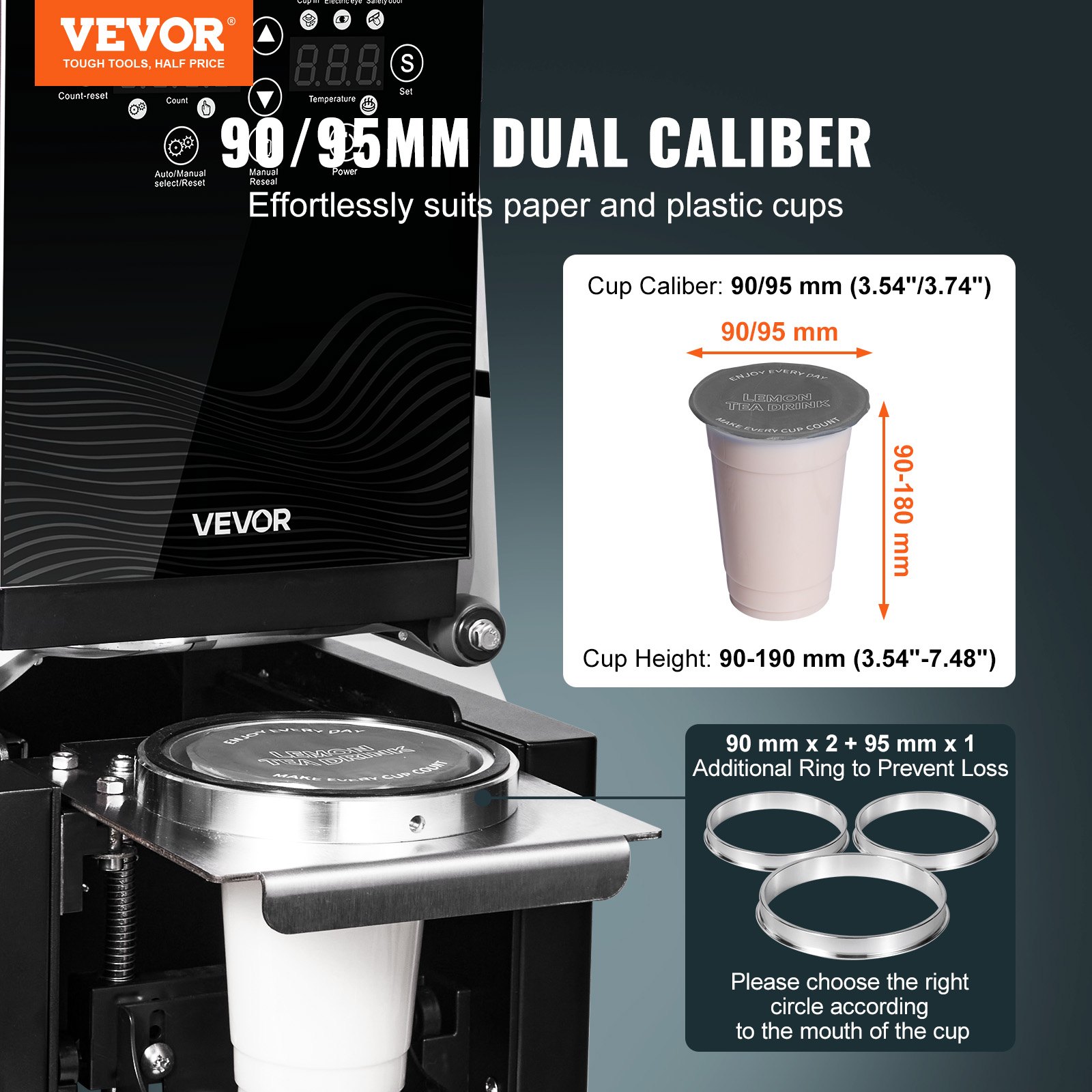 VEVOR Máquina Selladora de Vasos Automática 500-650 vasos/h, para Vasos de 190 mm de Alto y 90/95 mm de Ancho, Selladora de Vasos con Pantalla LCD de Control Digital para Café, Té con Leche, Negro