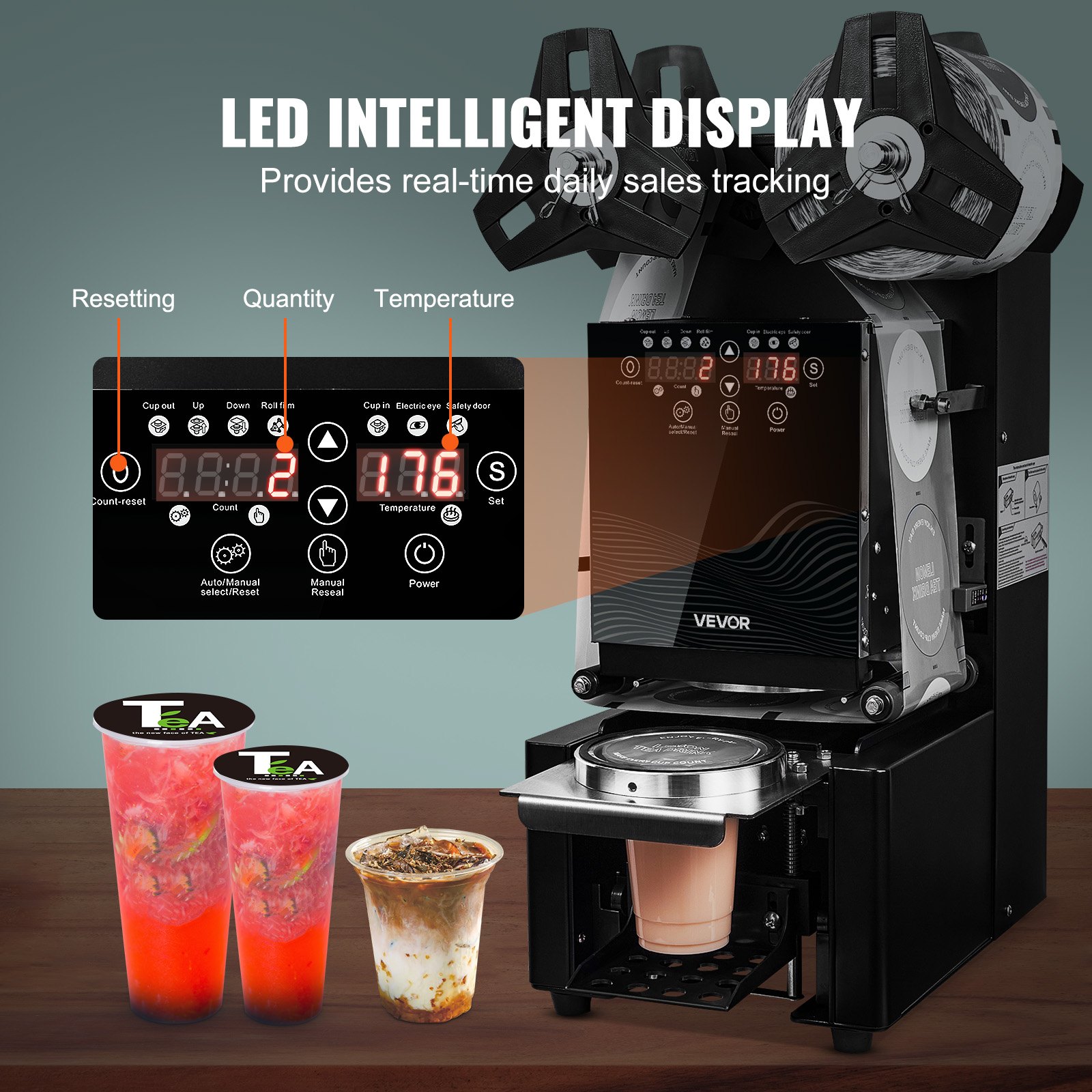 VEVOR Máquina Selladora de Vasos Automática 500-650 vasos/h, para Vasos de 190 mm de Alto y 90/95 mm de Ancho, Selladora de Vasos con Pantalla LCD de Control Digital para Café, Té con Leche, Negro