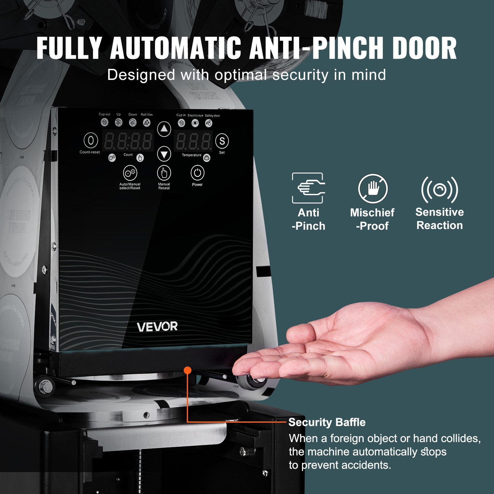 VEVOR Máquina Selladora de Vasos Automática 500-650 vasos/h, para Vasos de 190 mm de Alto y 90/95 mm de Ancho, Selladora de Vasos con Pantalla LCD de Control Digital para Café, Té con Leche, Negro