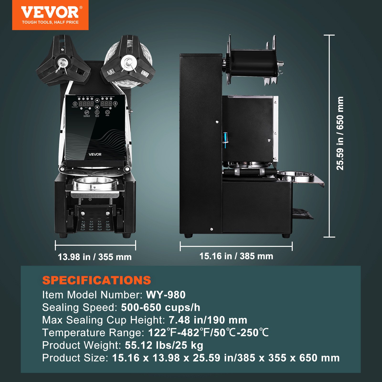 VEVOR Máquina Selladora de Vasos Automática 500-650 vasos/h, para Vasos de 190 mm de Alto y 90/95 mm de Ancho, Selladora de Vasos con Pantalla LCD de Control Digital para Café, Té con Leche, Negro
