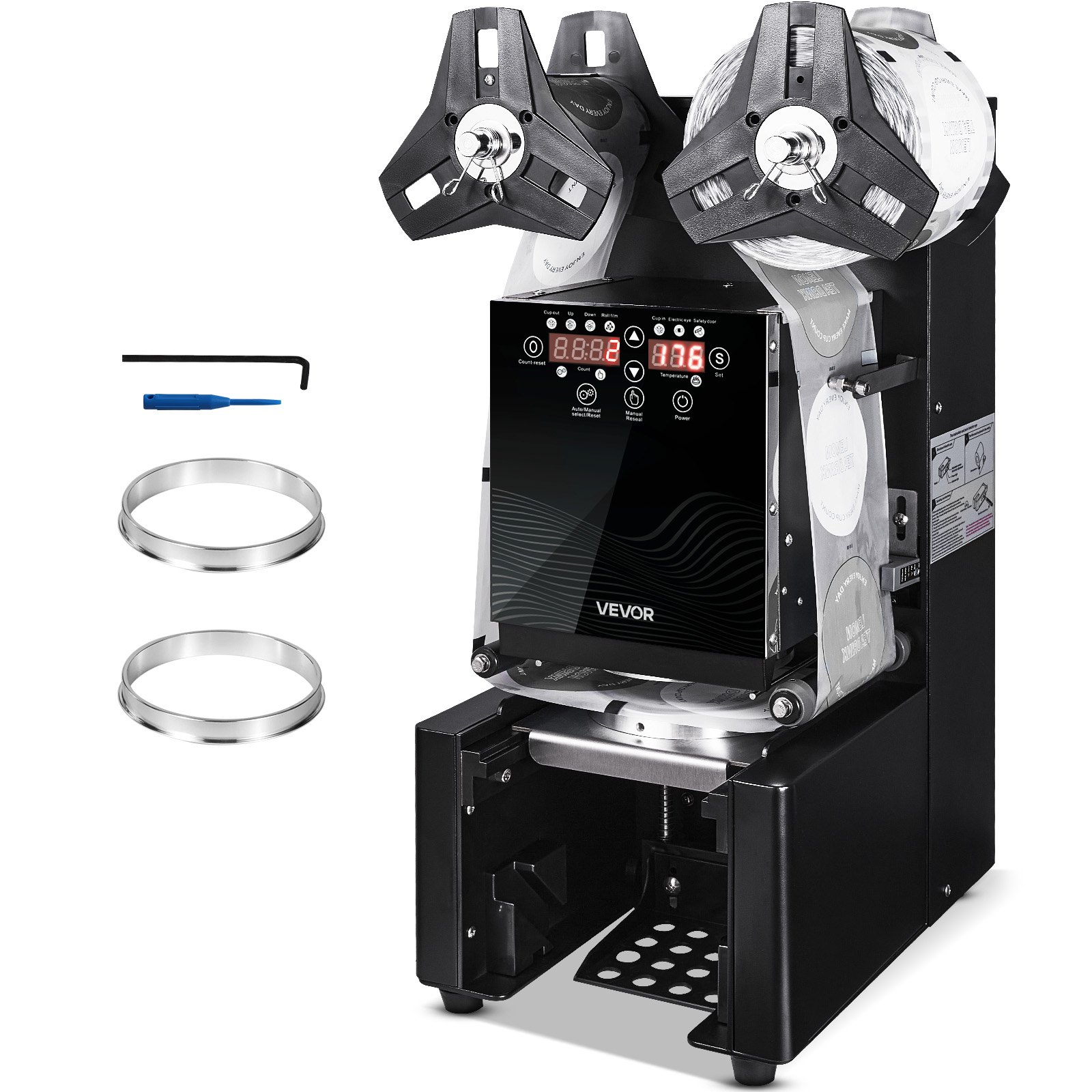 VEVOR Máquina Selladora de Vasos Automática 500-650 vasos/h, para Vasos de 190 mm de Alto y 90/95 mm de Ancho, Selladora de Vasos con Pantalla LCD de Control Digital para Café, Té con Leche, Negro