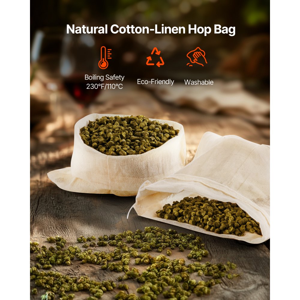VEVOR Bolsas de Cerveza con 2 Bolsas de Nailon para Granos y 10 Bolsas de Algodón y Lino para Lúpulo, Fáciles de Limpiar, Reutilizables y de Malla Ultrafina, para Nuestra Cervecera Automática