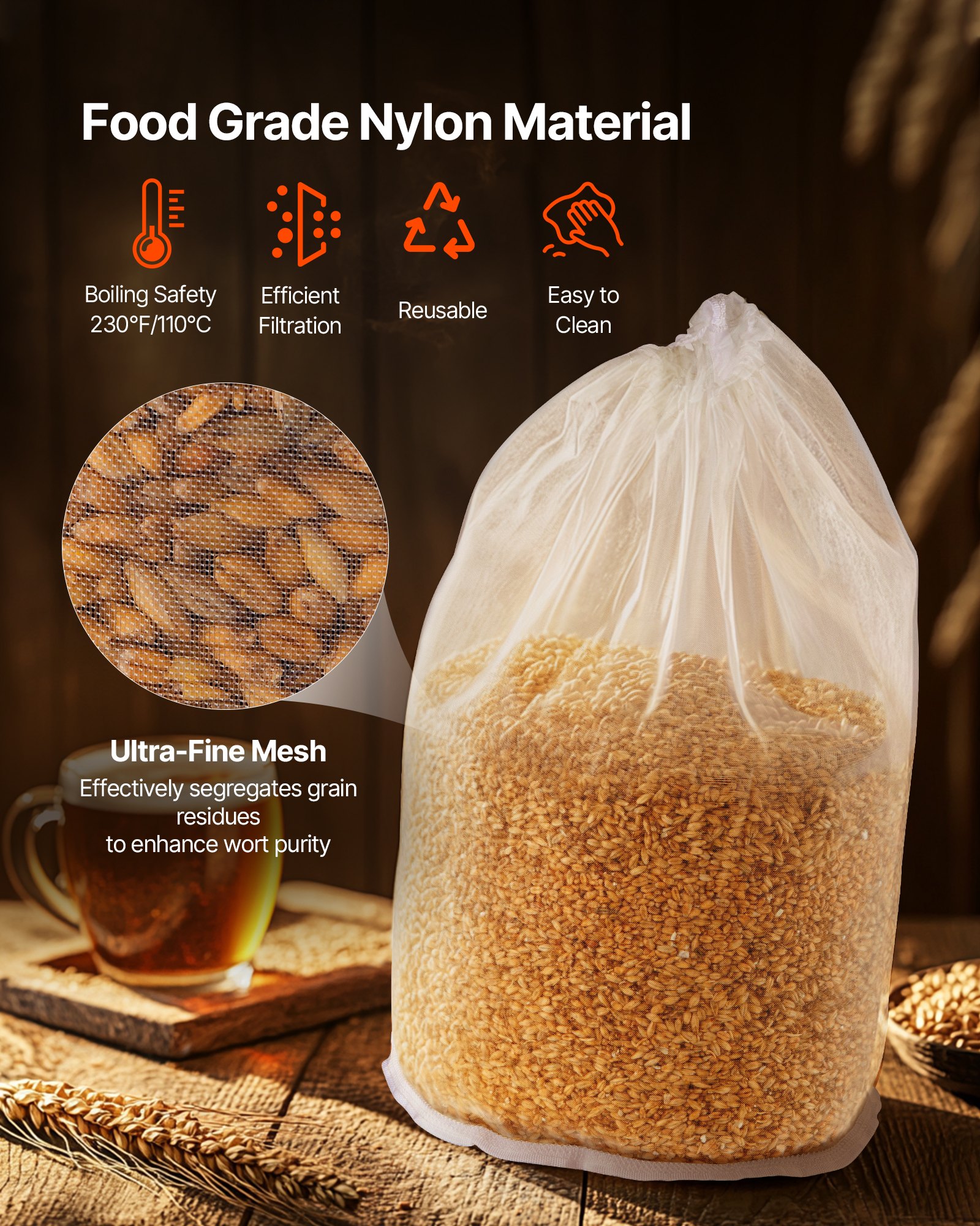 VEVOR Bolsas de Cerveza con 2 Bolsas de Nailon para Granos y 10 Bolsas de Algodón y Lino para Lúpulo, Fáciles de Limpiar, Reutilizables y de Malla Ultrafina, para Nuestra Cervecera Automática