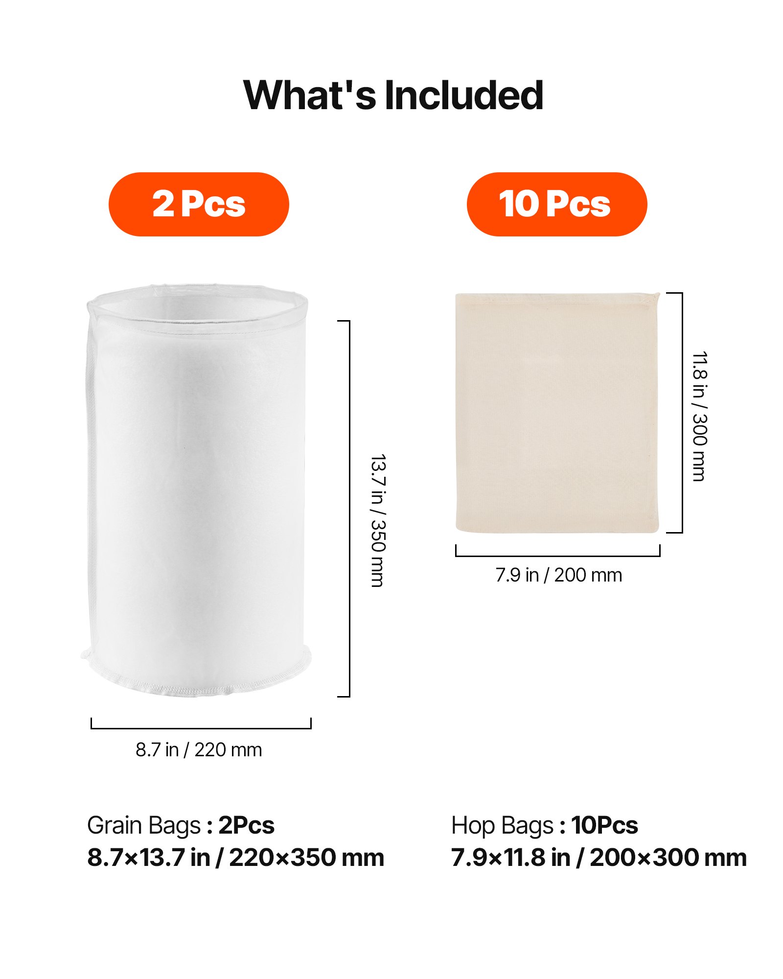 VEVOR Bolsas de Cerveza con 2 Bolsas de Nailon para Granos y 10 Bolsas de Algodón y Lino para Lúpulo, Fáciles de Limpiar, Reutilizables y de Malla Ultrafina, para Nuestra Cervecera Automática
