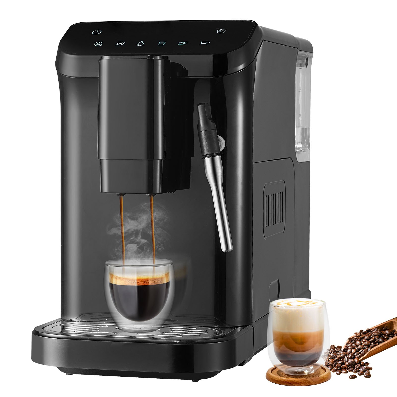 VEVOR Cafetera Espresso Automática Cafetera Espresso 20 Bares con Espumador de Leche Boquilla de Vapor Molinillo Incorporado y 15 Configuraciones de Molienda con Tanque de Agua de 1,5 L para Capuchino