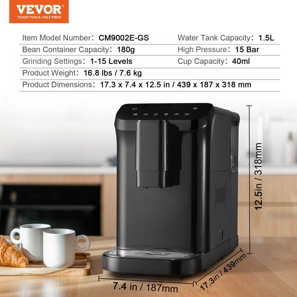 VEVOR Cafetera Espresso Automática Cafetera Espresso Profesional de 15 Bares con Molinillo Integrado 15 Modos de Molido con Depósito de Agua de 1,5 L y Tolva de Grano de 180 g para Oficina