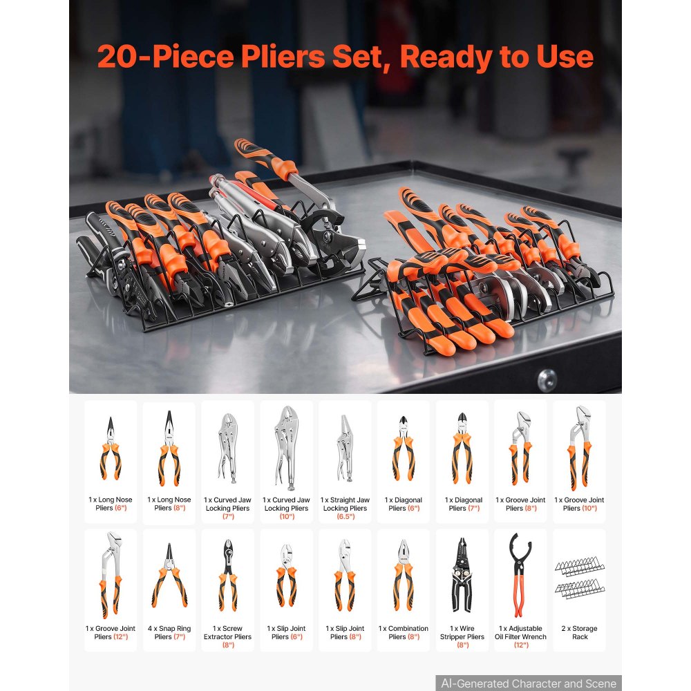 VEVOR Pliers Set 20-Piece Utility Set Polished Carbon Steel Jaw Hand Tools, For DIY & Home Use, Long Nose, Locking, Diagonal, Groove Joint, Snap Ring, Slip Joint Pliers, with 2-Pack Organizer Rack