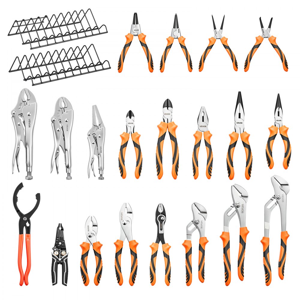 VEVOR Pliers Set 20-Piece Utility Set Polished Carbon Steel Jaw Hand Tools, For DIY & Home Use, Long Nose, Locking, Diagonal, Groove Joint, Snap Ring, Slip Joint Pliers, with 2-Pack Organizer Rack