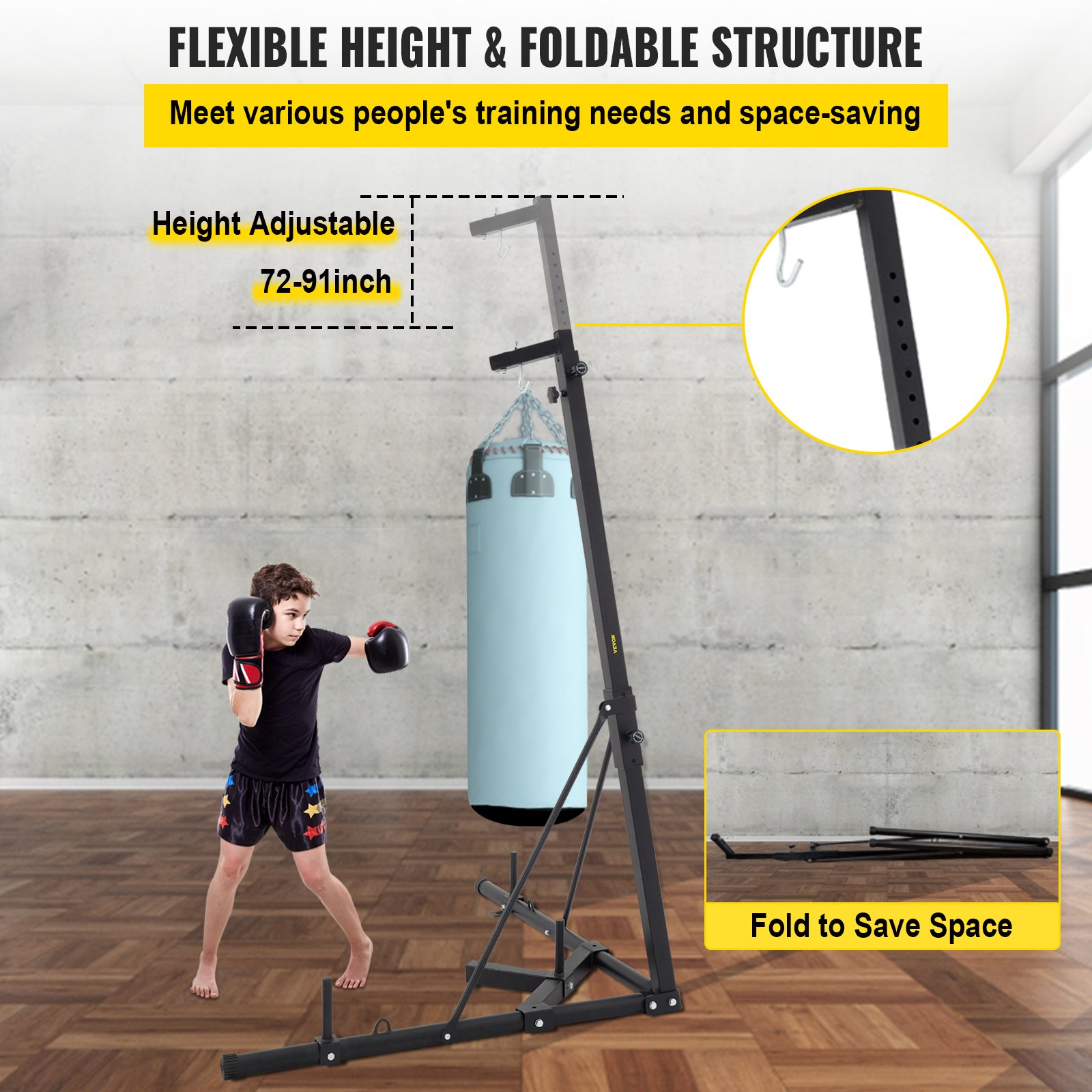 VEVOR Soporte de Pie para Saco de Boxeo con Altura Extendida 230 cm, Soporte Plegable para Saco de Boxeo con Altura Ajustable 48 cm, Soporte de Acero para Saco Boxeo Suelo, Carga Máxima 60 kg