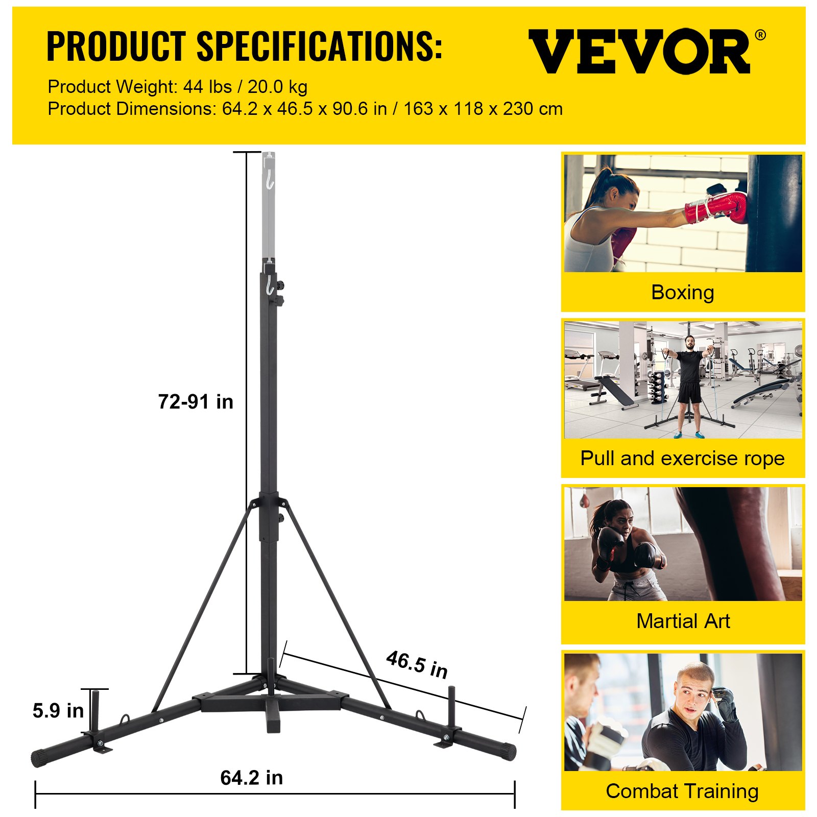 VEVOR Soporte de Pie para Saco de Boxeo con Altura Extendida 230 cm, Soporte Plegable para Saco de Boxeo con Altura Ajustable 48 cm, Soporte de Acero para Saco Boxeo Suelo, Carga Máxima 60 kg