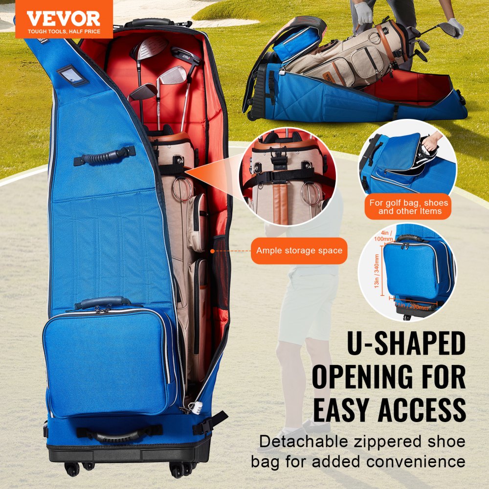 VEVOR Bolsa de Viaje Enrollable para Palos de Golf Bolsa de Carrito Portátil 6 Ruedas Impermeable Resistente al Desgaste 1200D Poliéster Oxford Bolsa de Almacenamiento para Palos de Golf, Azul